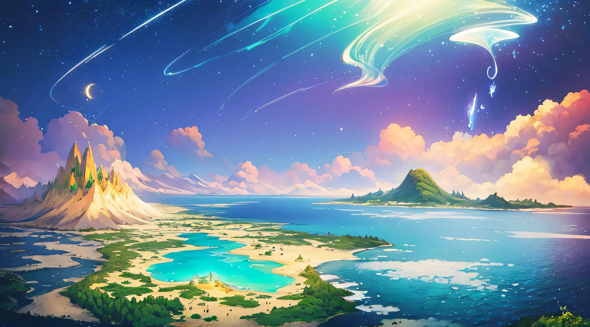 Masterpiece beautiful, volumetric lighting, (ambrosia), gust of wind, mountains stars ocean forest, (oro:1.2), (floating island:1.3), will-o'-the-wisp \(mythology\), lily \(flower\), firefly, clouds moon, fragrance, bioluminescence, luminescence