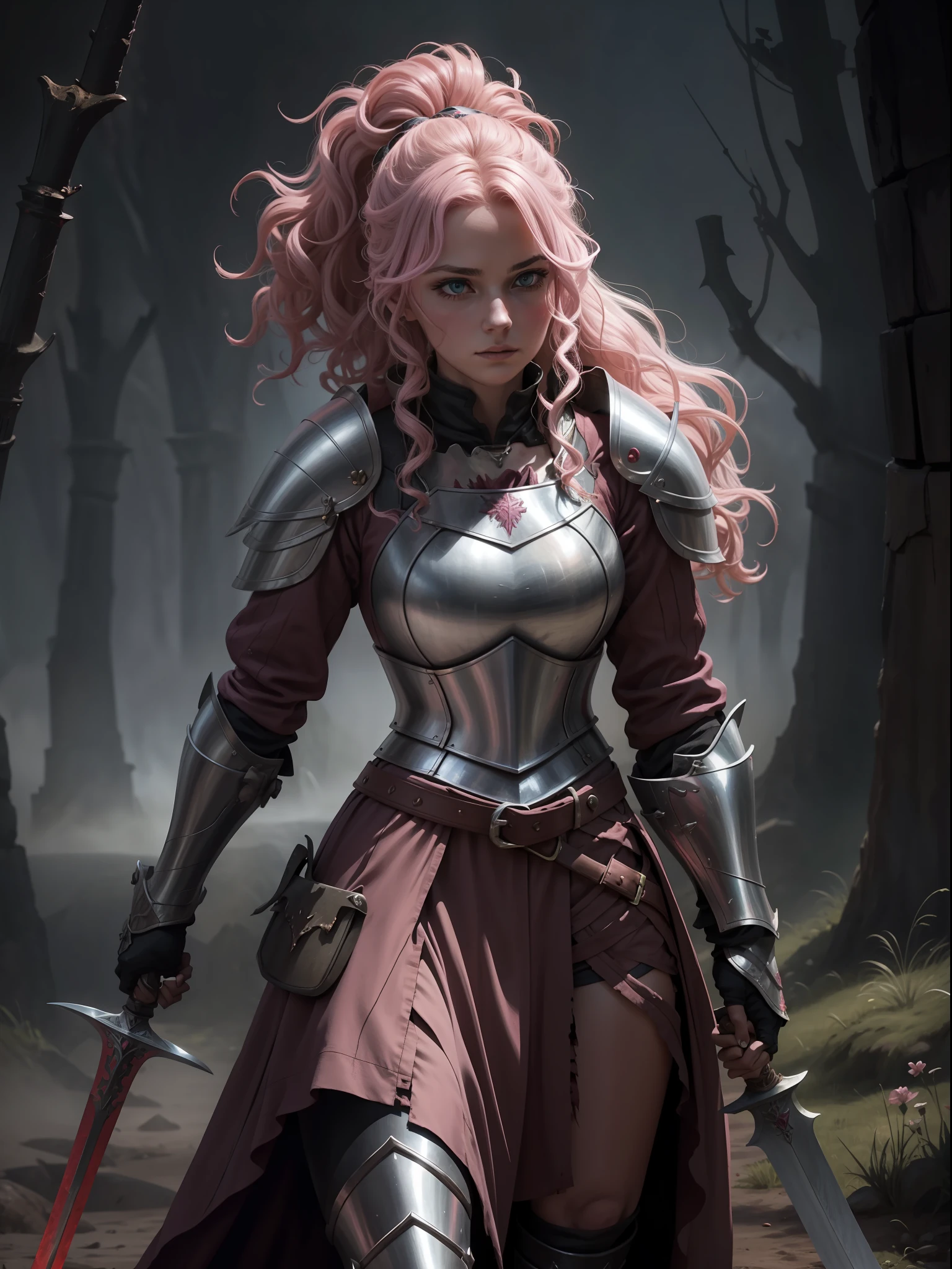 a woman with wild hair, knight with medieval armor, pink armor, long sword, night, dark environment, darkness, fog, blood