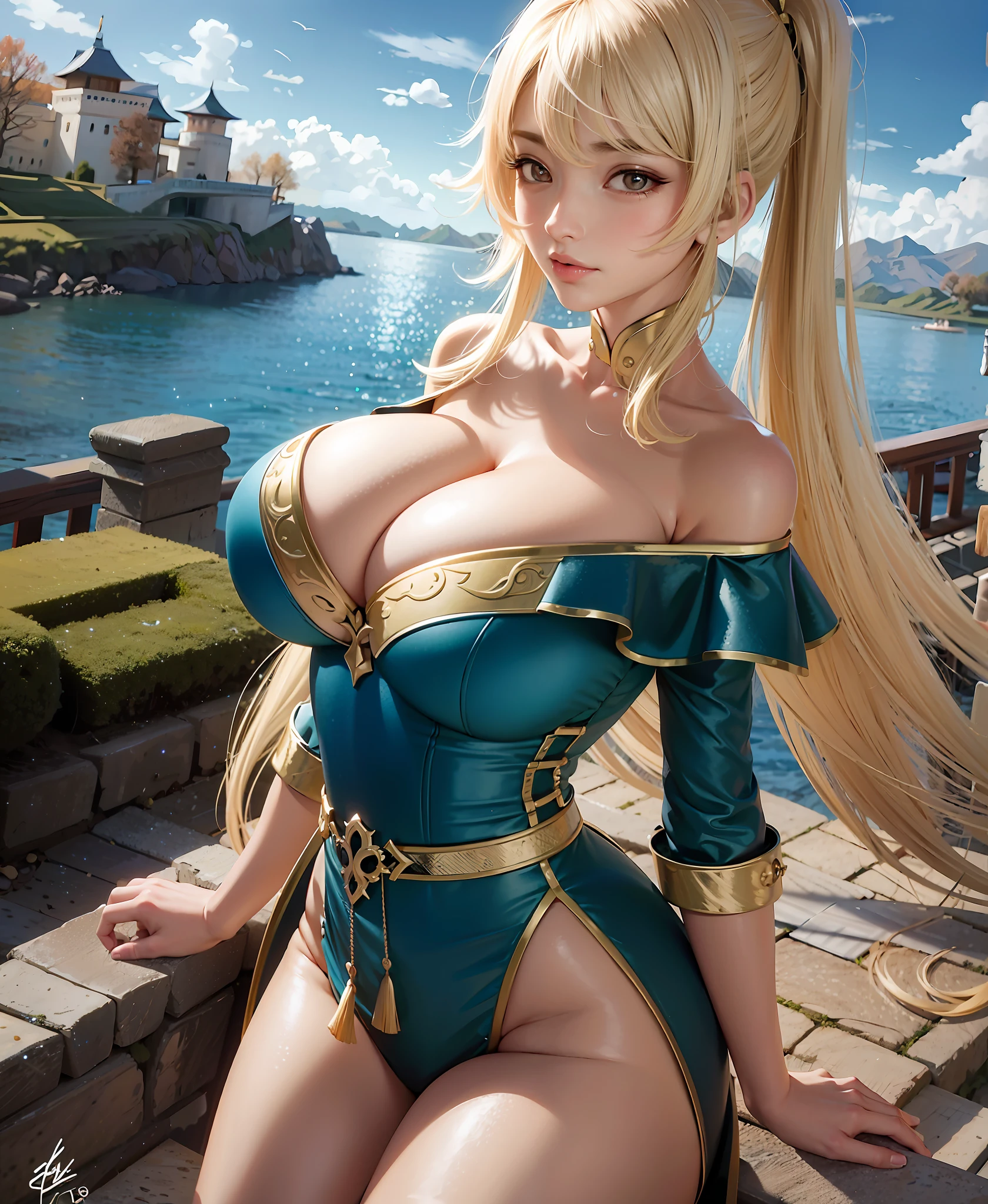 Hu Tao, Genshin impact, signature outfit, breast indentation, massive breasts, sixpack abs, toned, busty, castle background, palace, 龙珠人造人18号, masterpiece, best quality, ultra-detailed, illustration,(1girl),beautiful detailed eyes, looking at viewer, close up, (breast focus), (arms behind back:1.2), (from above:1.1), blonde hair, huge breasts, (off shoulder:1.1), underwear,