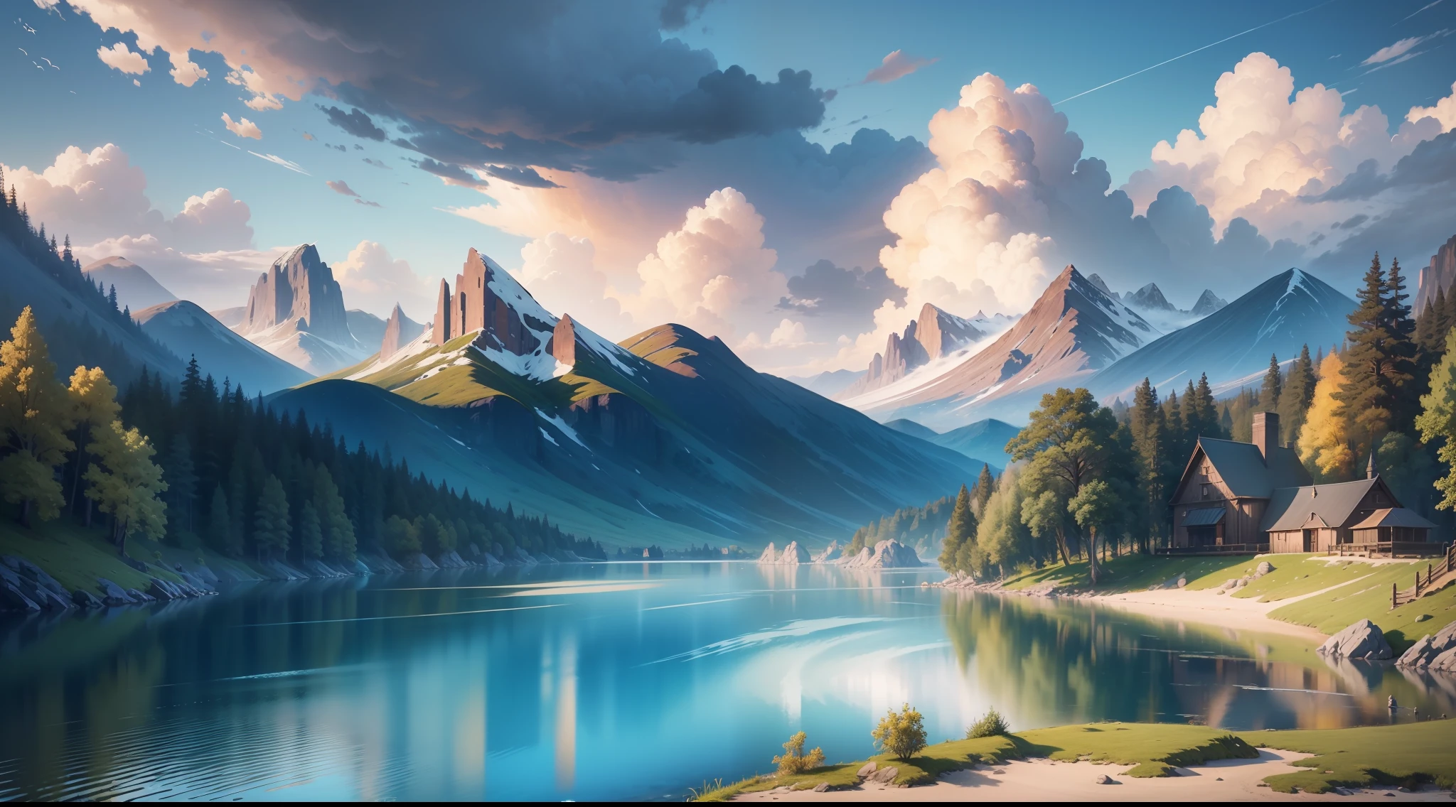 Landscape, water, (very detailed CG unity 8k wallpaper), the most beautiful artwork in the world, professional majestic oil painting, intricate, high detail, clear focus, dramatic, realistic painting art, blue sky.