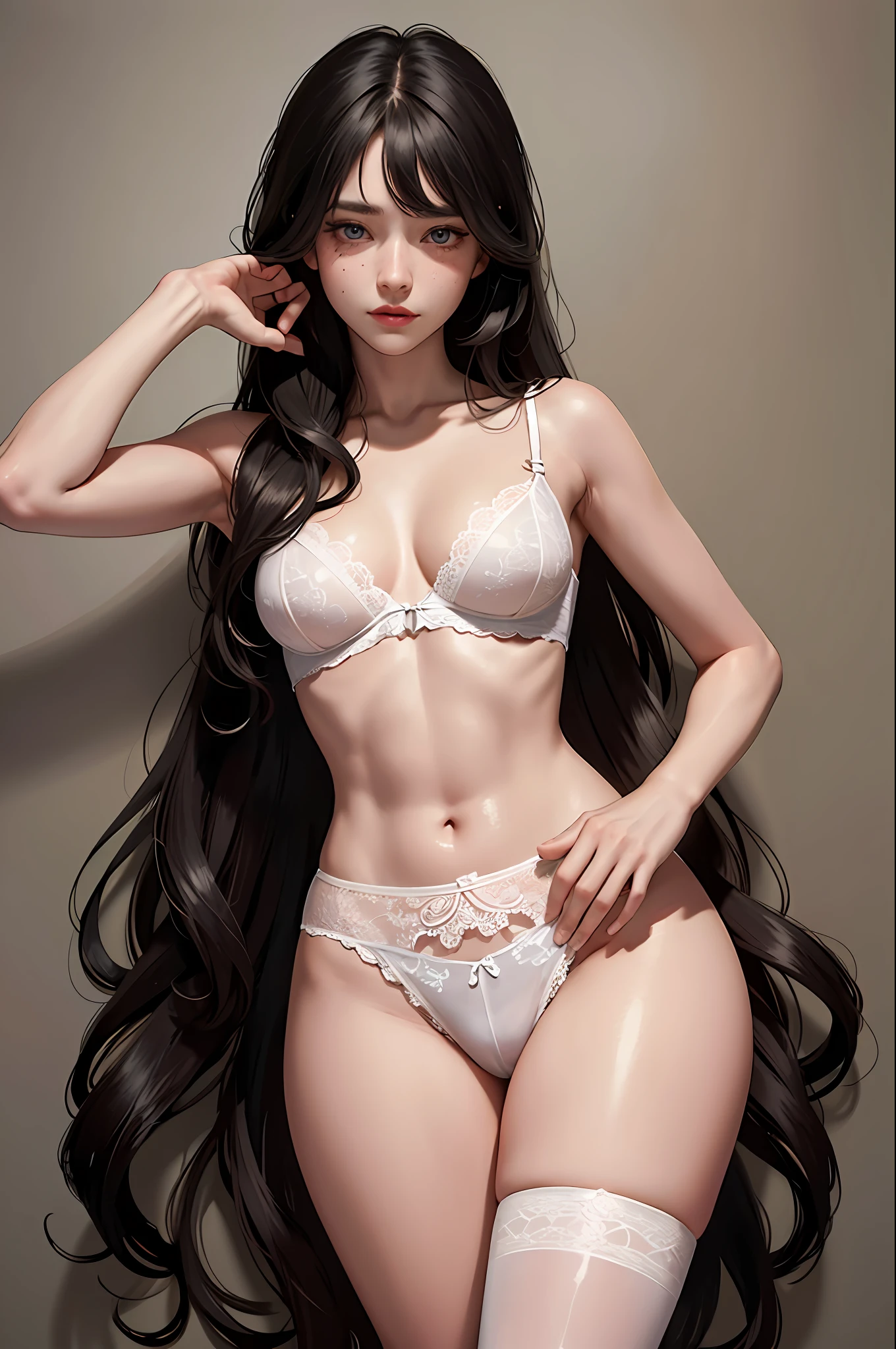 (Ultra Real), (Illustration), (High Resolution), (8K), (Very Detailed), (Best Illustration), (Beautiful Detailed Eyes), (Best Quality), (Ultra Detailed), (Masterpiece), (Wallpaper), (Detailed Face), Solo 1 Girl, Black Wavy Hair, Korean, Iris Heterochromic Eyes, Small Moles Under Eyes, Small White Lace Bra, Sheer Lace Panties,, Long Legs, Tight Abs, Camel Toes, Dynamic Poses