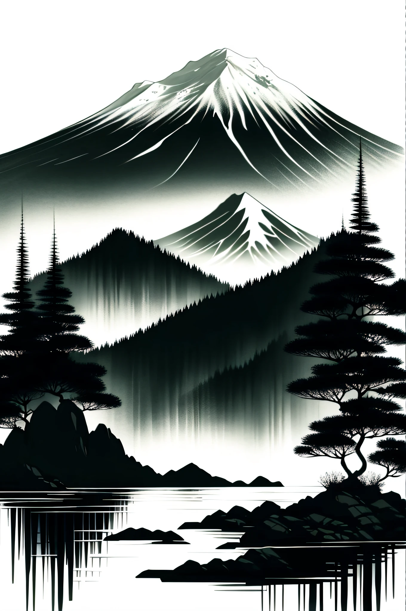white background, scenery, ink, mountains, water, trees