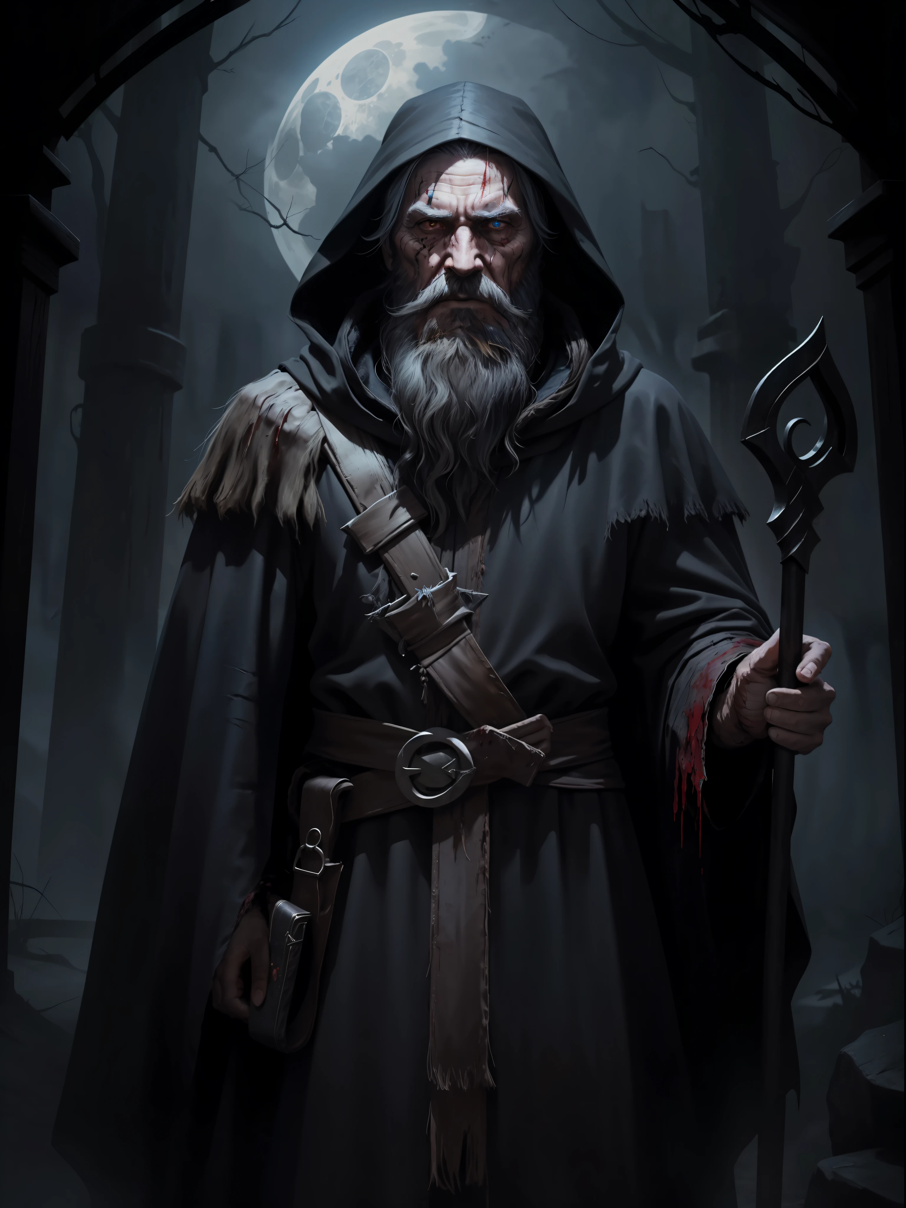 an old man with a dark cloak and long beard, scars on his face, staff, dark sorcerer, night, dark environment, darkness, fog, blood