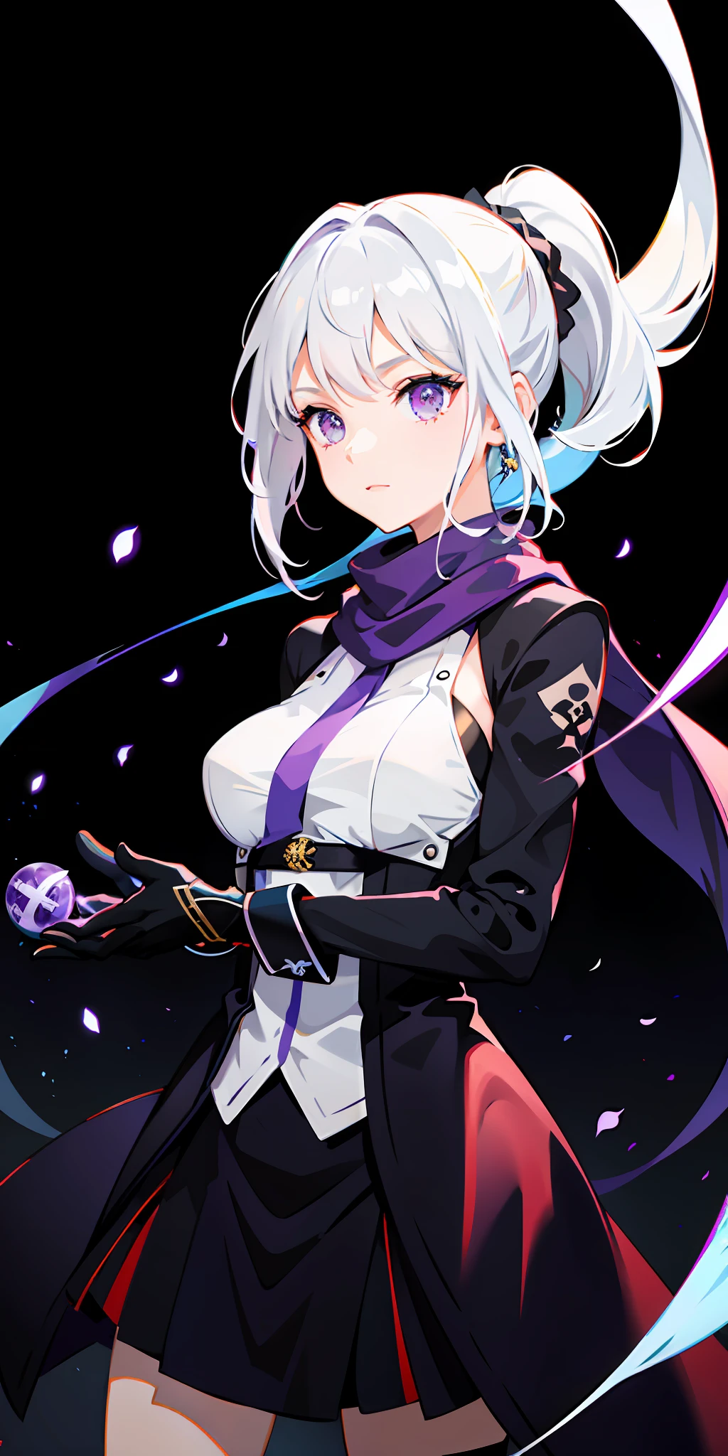 ((masterpiece)), (best quality)), (highres)), upper body, 1girl, white hair, ponytail, purple eyes, (ninja), short sword, medium breasts ,scarf, wallpaper, magic circle background, light particles, blue fire,