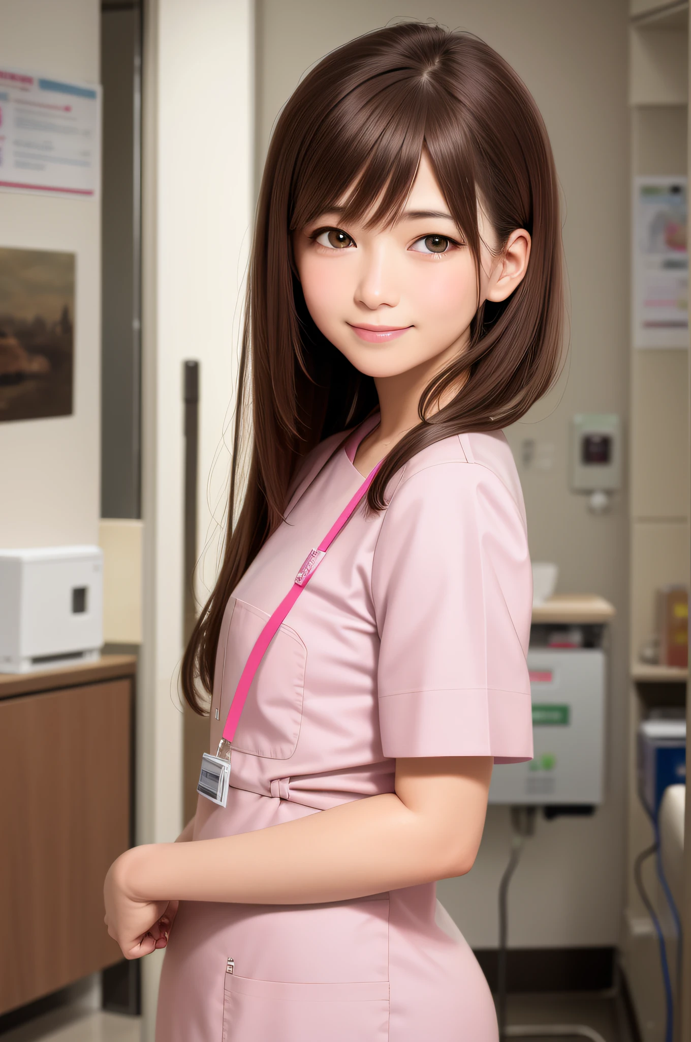 high quality, realistic, photo, human, masterpiece, brown hair, brown eyes, talking, smiling face, lone nurse, light pink uniform, upper body