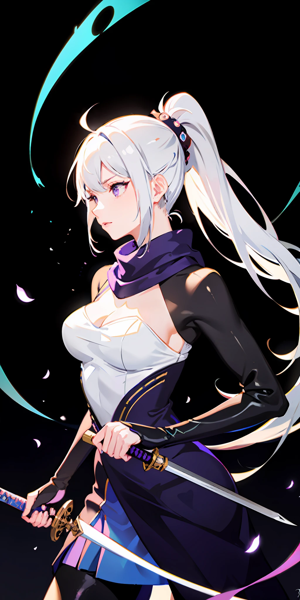 ((masterpiece)), (best quality)), (highres)), upper body, 1girl, white hair, ponytail, purple eyes, (ninja), short sword, medium breasts ,scarf, wallpaper, magic circle background, light particles, blue fire,