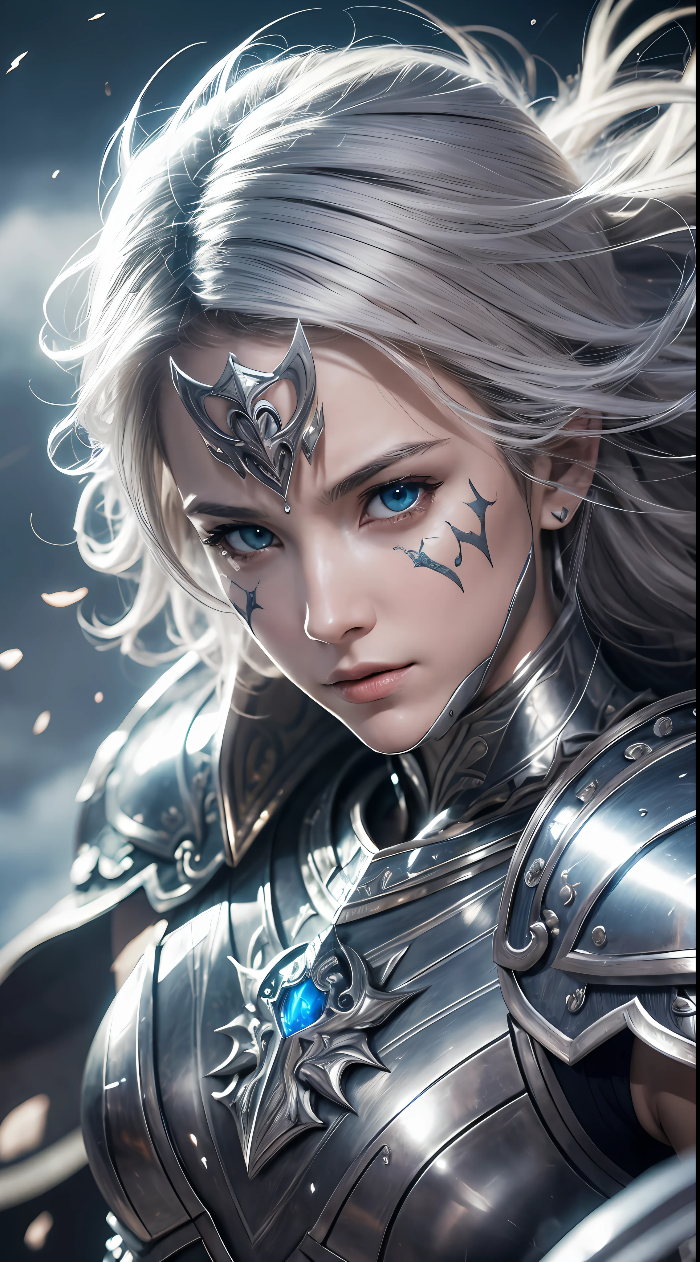 8k,ultra detailed, masterpiece, best quality, (extremely detailed), dynamic angle, Mysterious expression, wind effect, fantasy background, rim lighting, cinematic light, ultra high res, 8k uhd, film grain,best shadow, delicate, RAW, light particles, detailed skin texture, detailed armor texture, detailed face, intricate details, ultra detailed, bright, strong, silver armor, (holding weapon), slashing, slash action, pauldrons, glowing eyes, long cape, fantasy, (realistic), shoulder armor, complex, intricate, perfect lighting, looking at viewer, cinematic lighting, flying in sky,flying, holy light, vivid, bangs, windy, ((2 woman in battle))