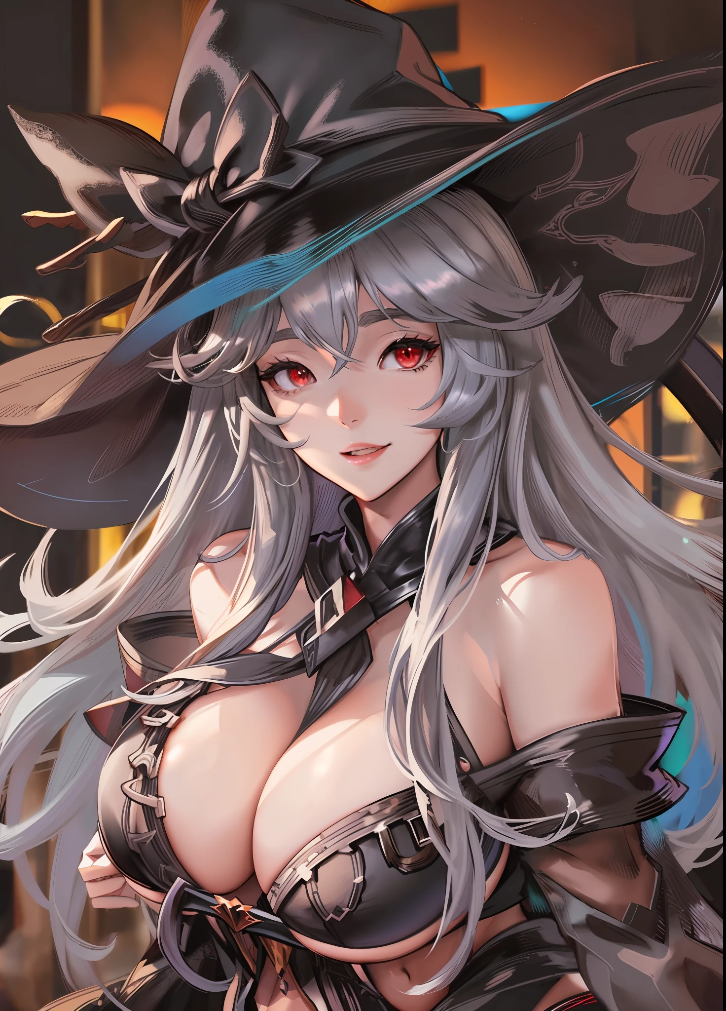 Magisa, Granblue Fantasy, black dress, silver long hair, (fliped bangs), (gigantic tits:1.2), witch hat, red eyes, pelvic curtains, cleavage dress, smile,4k hd, ultra realistic, perfect body, perfect lips, perfect nose, perfect eyes, nice deatiled belly,