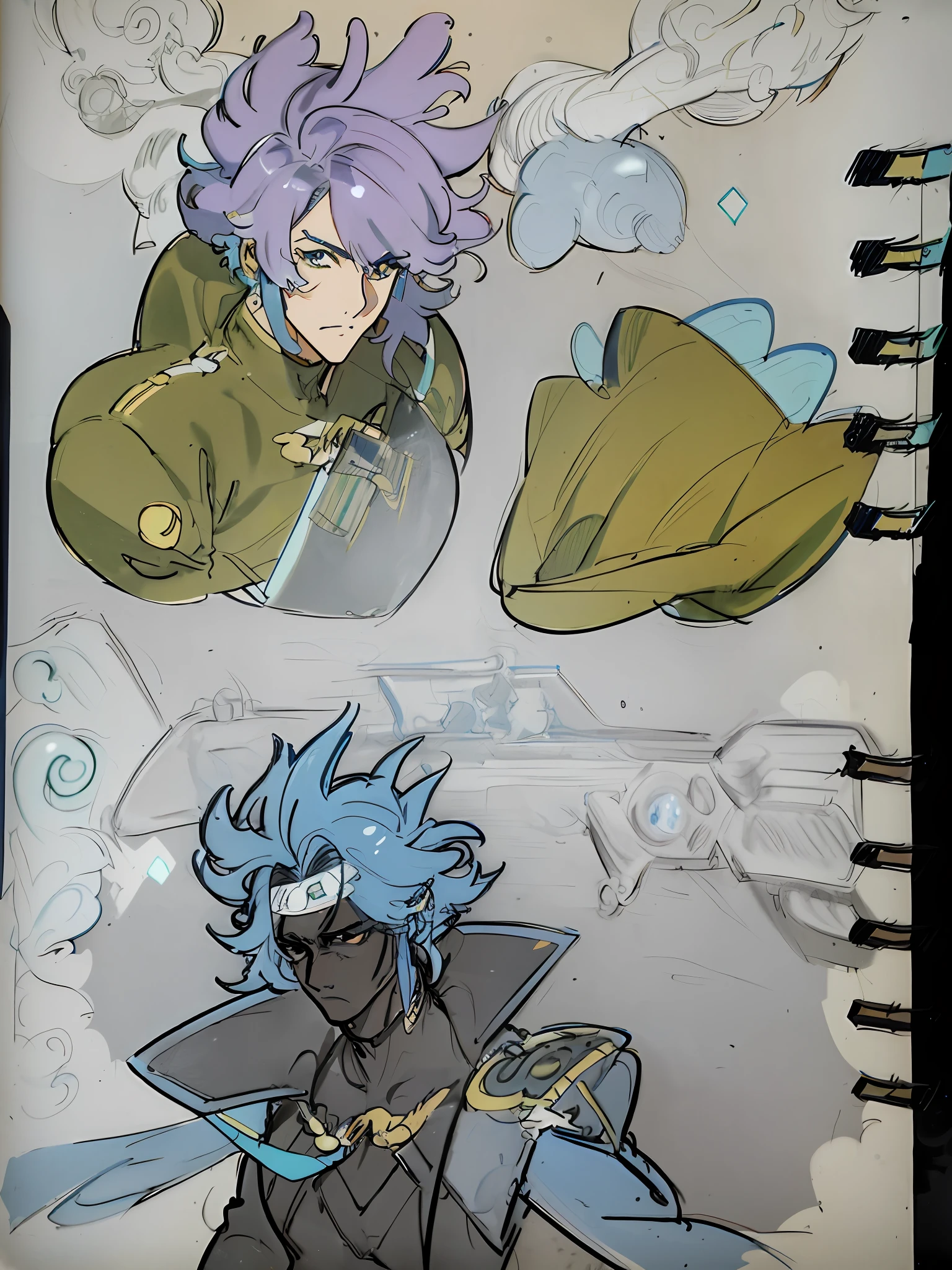 sketches of a drawing of a person with a blue hair, cel shaded anime, in the art style of 8 0 s anime, cel - shaded art style, cel shaded!!!, 8 0 s anime art style, inspired by Zoltan Boros, colored sketch, high quality colored sketch, anime cels, colored drawing, black ink & copic markers, anime illustrated