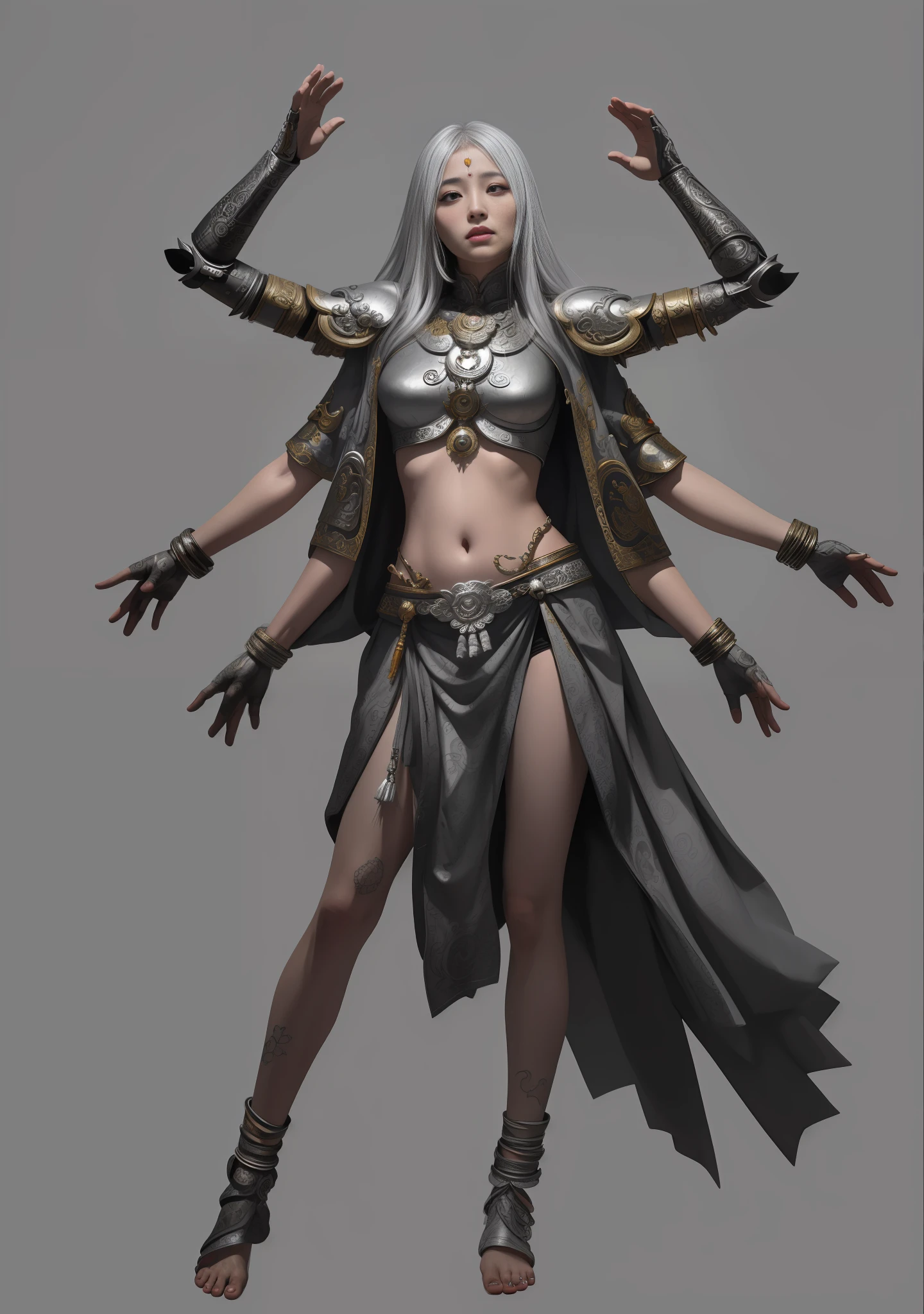 Asura Goddess, Buddhist elements, detailed face and eyes, silver long hair, full body, Japanese armor, rich details, gorgeous patterns, shabby fabric, barefoot, realistic, photo, masterpiece, realism, high contrast, realistic digital art trends in Artstation 8k HD HD details realistic, detailed, skin texture, super detailed, realistic skin texture, armature, best quality, super high resolution, (realistic:1.4),, high resolution, detailed, original photo, sharp re, Lee Jeffries Nikon D850 Film Stock Photo 4 Kodak Portra 400 Camera F1.6 Lens Rich Colors Ultra-realistic textures Dramatic lighting Unreal Engine Trends on the Art Station Movie Still 800