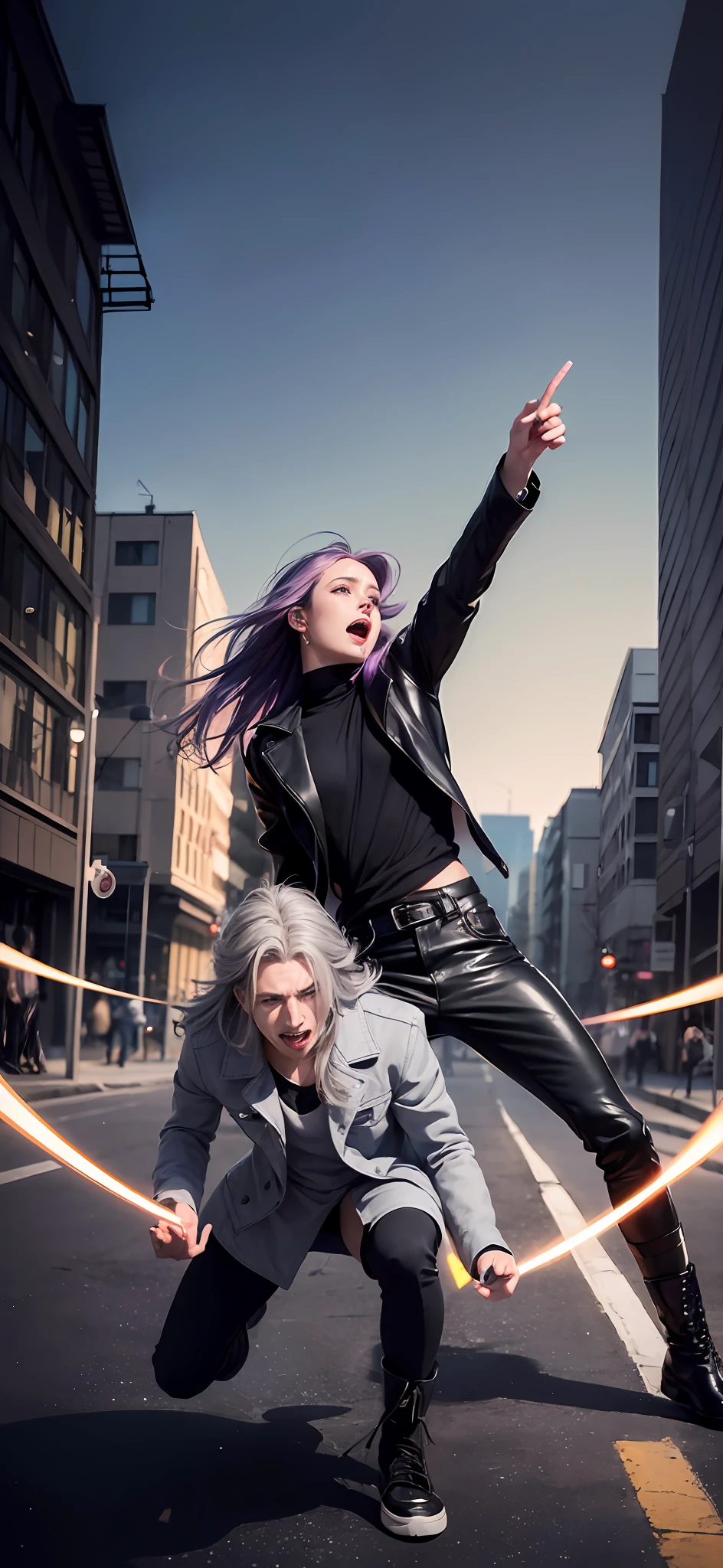 Angry young man screaming and woman, furrowed brows, angry,mad scream, crying, woman with purple hair, hopeless man with grey hair wearing a long leather coat, running, man wearing, man with grey messy long hair, combat boots, in a dynamic pose, fighting, strained facial features, man in combat, sci fi, (8k, RAW photo, photorealistic:1.25) ,( lipgloss, eyelashes, man, gloss-face, glossy skin, dark skin, dark snik, male, best quality, ultra highres, young man, depth of field, chromatic aberration, caustics, Broad lighting, natural shading,Kpop idol) looking at viewer with a serene and god-like happiness, playful alluring smirk
