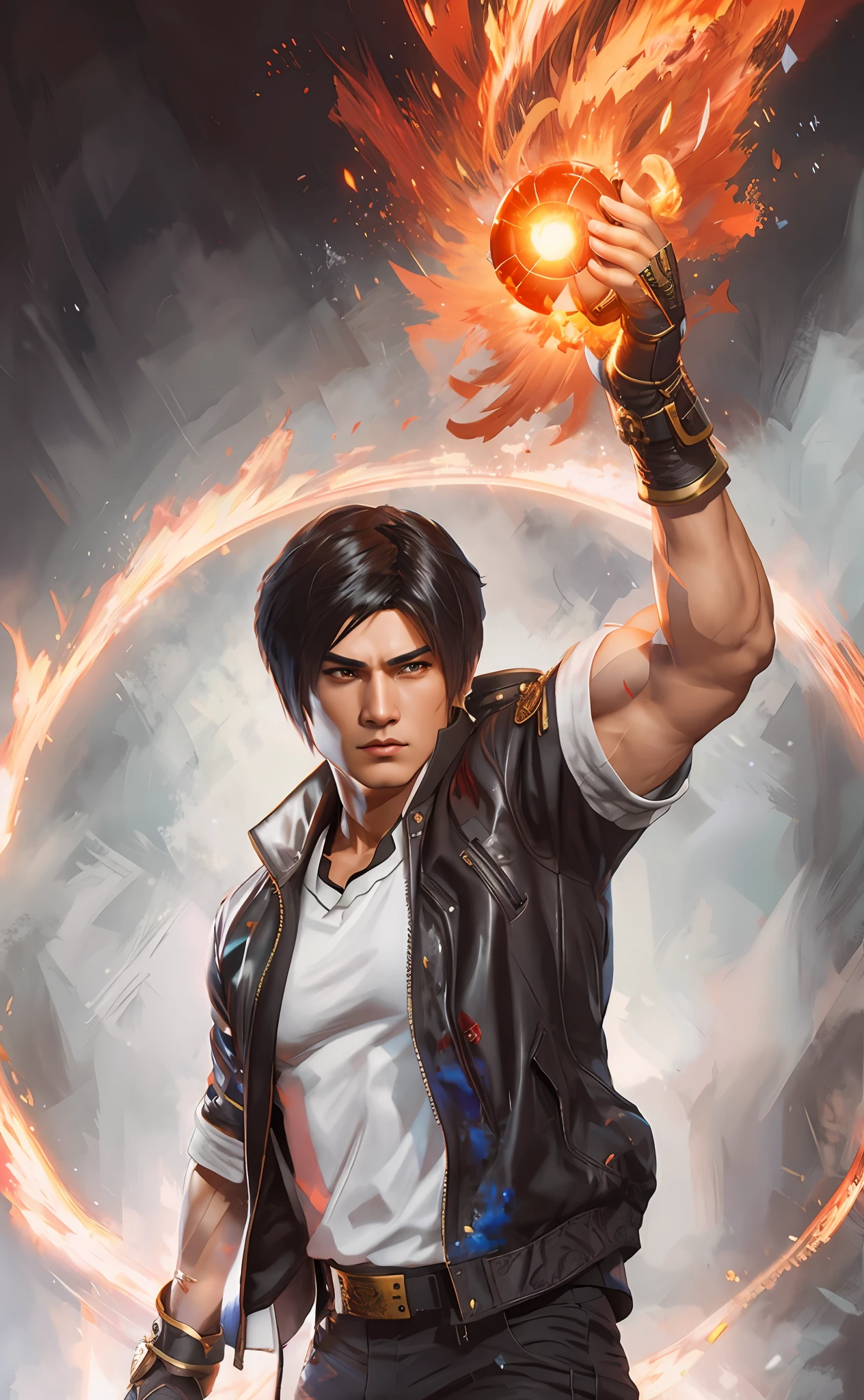 a painting of a man holding a fire ball in his hand, stylized urban fantasy artwork, character from king of fighters, kyo kusanagi fanart, in style of artgerm, fan art, artgerm greg rutkowski _ greg, kaladin stormblessed, litrpg novel cover, young adult fantasy novel cover, artgerm and ilya kushinov,  fighting pose, 3D, UHD, master level 3D oil painting