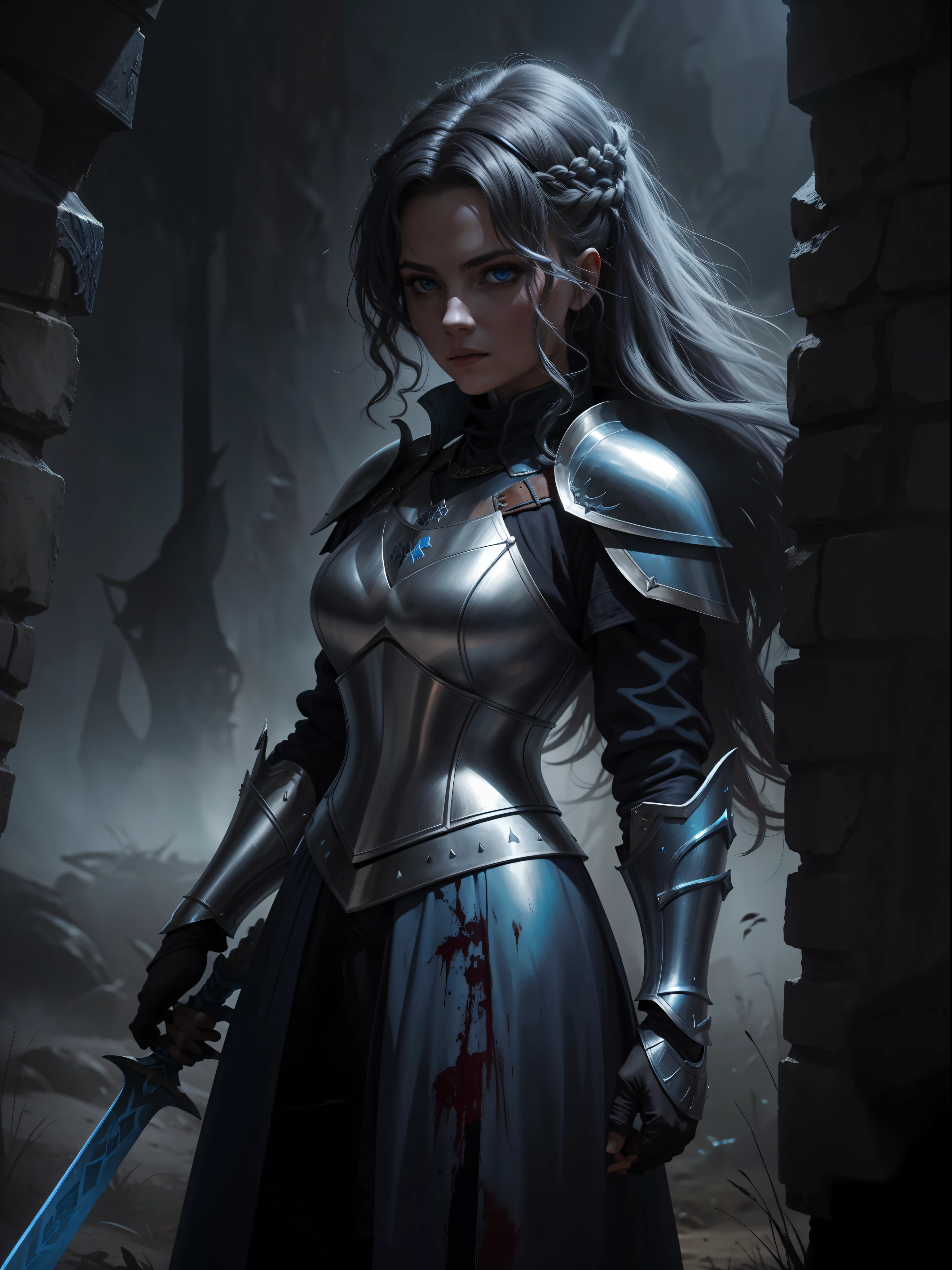 a woman with wild hair, knight with medieval armor, blue armor, long sword, night, dark environment, darkness, fog, blood