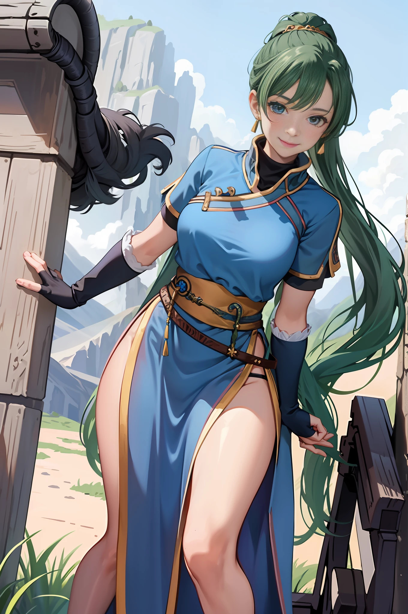 masterpiece, best quality, defaultLyn, 33 years old, blue dress, pelvic curtain, sash, fingerless gloves, standing, looking at viewer, stream, plains, mountains, arms behind back, leaning forward, smile, serene expression