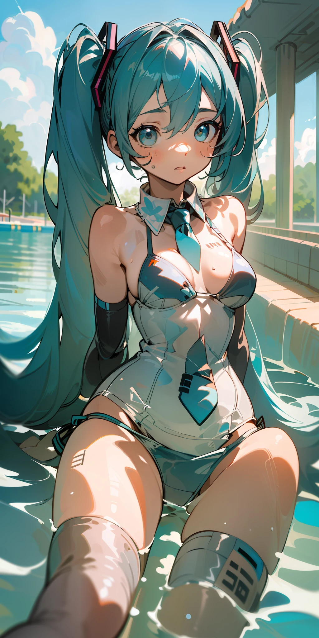 ((masterpiece)), (((best quality))), ((ultra-detailed)), ((illustration)), ((disheveled hair)), (1 girl), (solo), dynamic angle, thighhighs, beautiful detailed sky, on beautiful detailed water, (((swim pool))),beautiful detailed eyes, hairs between eyes (((medium breast))), (((arms behind))),(((string bikini))), {{{miku}}} ,twintails, (((miku))), indigo hair