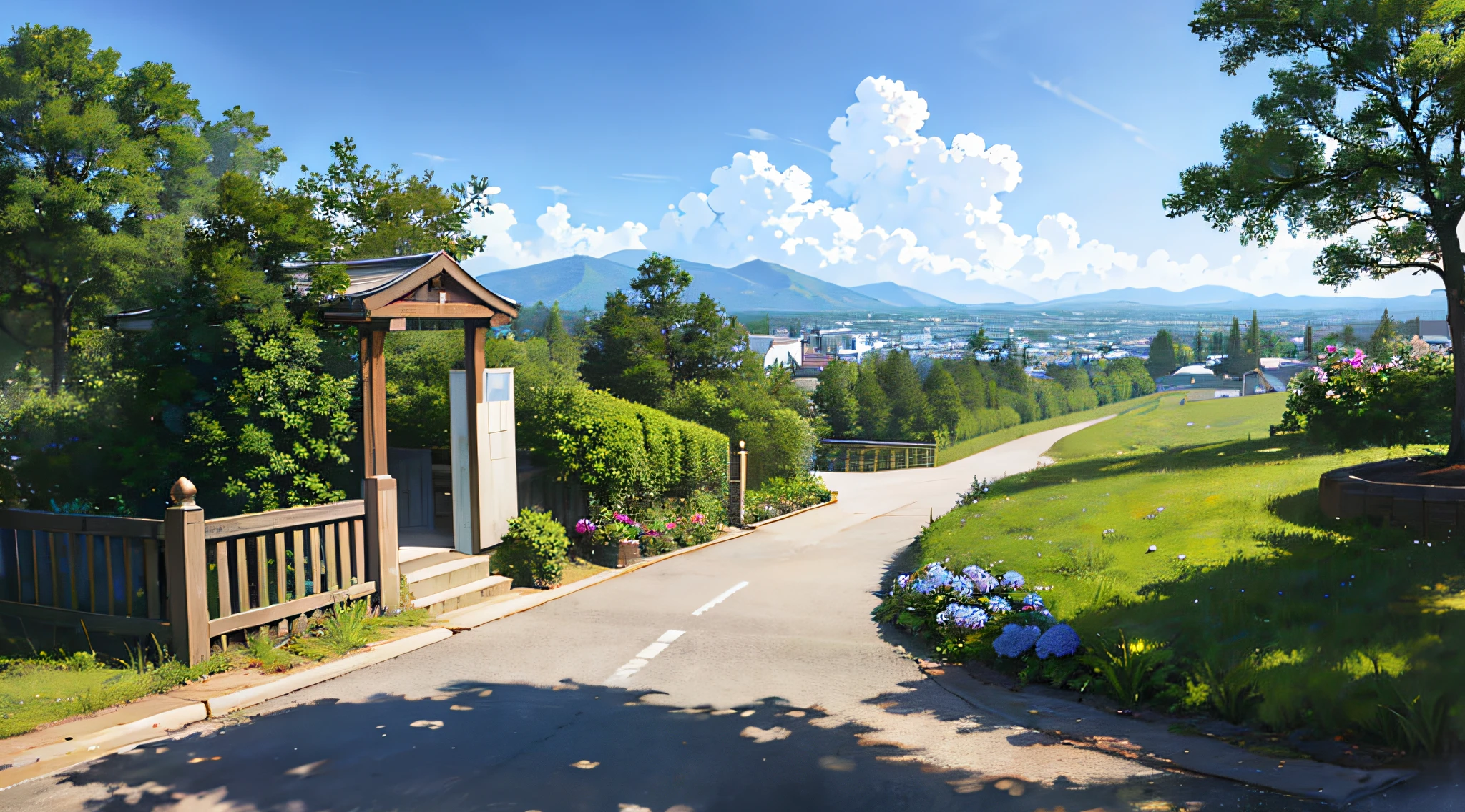 (ultra high res,photorealistic,best quality,photo-realistic),(8k,raw photo,best quality,masterplece),(photon mapping,radiosity,physically-based rendering,automatic white balance),real person,photograph,bridge, building, bush, city, cloud, day, door, fence, field,orest, garden, grass, house, hydrangea, mountain, nature, no_humans, outdoors, path, plant, potted_plant, purple_flower, road, scenery, sky, skyscraper, traditional_media, tree,