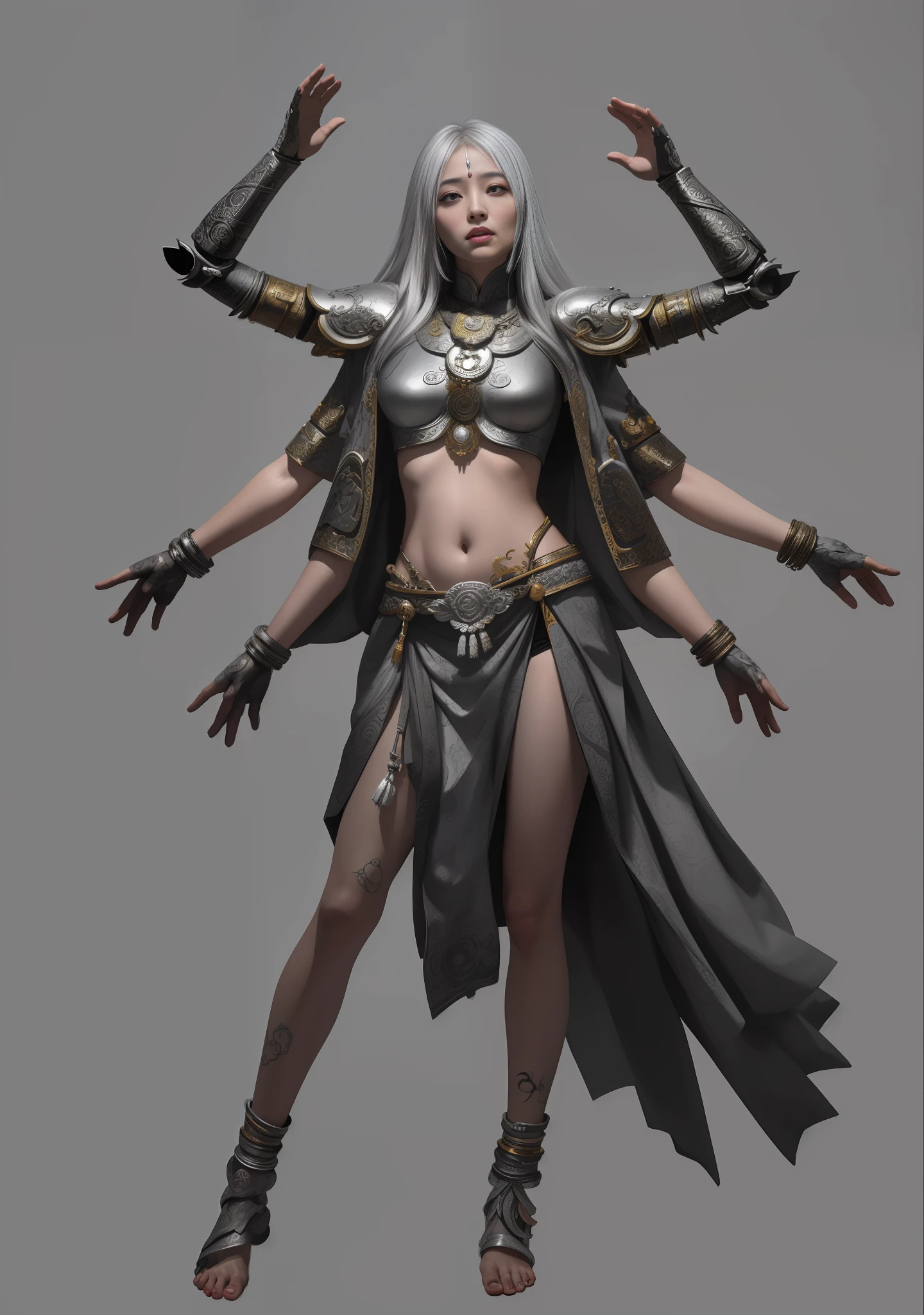 Asura Goddess, Buddhist elements, detailed face and eyes, silver long hair, full body, Japanese armor, rich details, gorgeous patterns, shabby fabric, barefoot, realistic, photo, masterpiece, realism, high contrast, realistic digital art trends in Artstation 8k HD HD details realistic, detailed, skin texture, super detailed, realistic skin texture, armature, best quality, super high resolution, (realistic:1.4),, high resolution, detailed, original photo, sharp re, Lee Jeffries Nikon D850 Film Stock Photo 4 Kodak Portra 400 Camera F1.6 Lens Rich Colors Ultra-realistic textures Dramatic lighting Unreal Engine Trends on the Art Station Movie Still 800