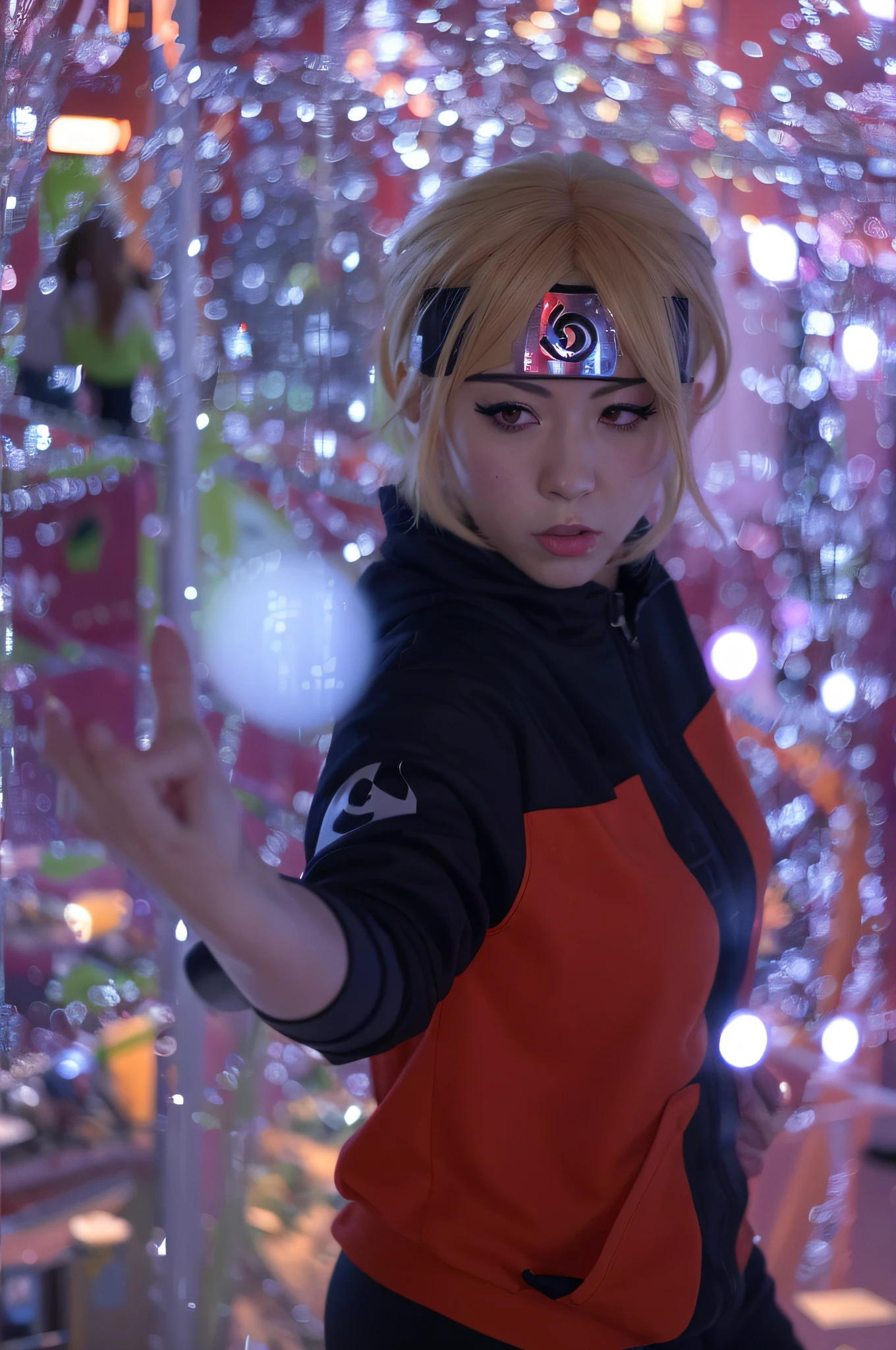anime cosplay with a red and black outfit and a black and orange top, hinata hyuga from naruto, anime style mixed with fujifilm, ayaka cosplay, from naruto, cosplay photo, anime cosplay, naruto uzumaki, annie leonhart in a neon city, anime lighting, hinata hyuga, professional cosplay, with index finger, rin, full-cosplay
