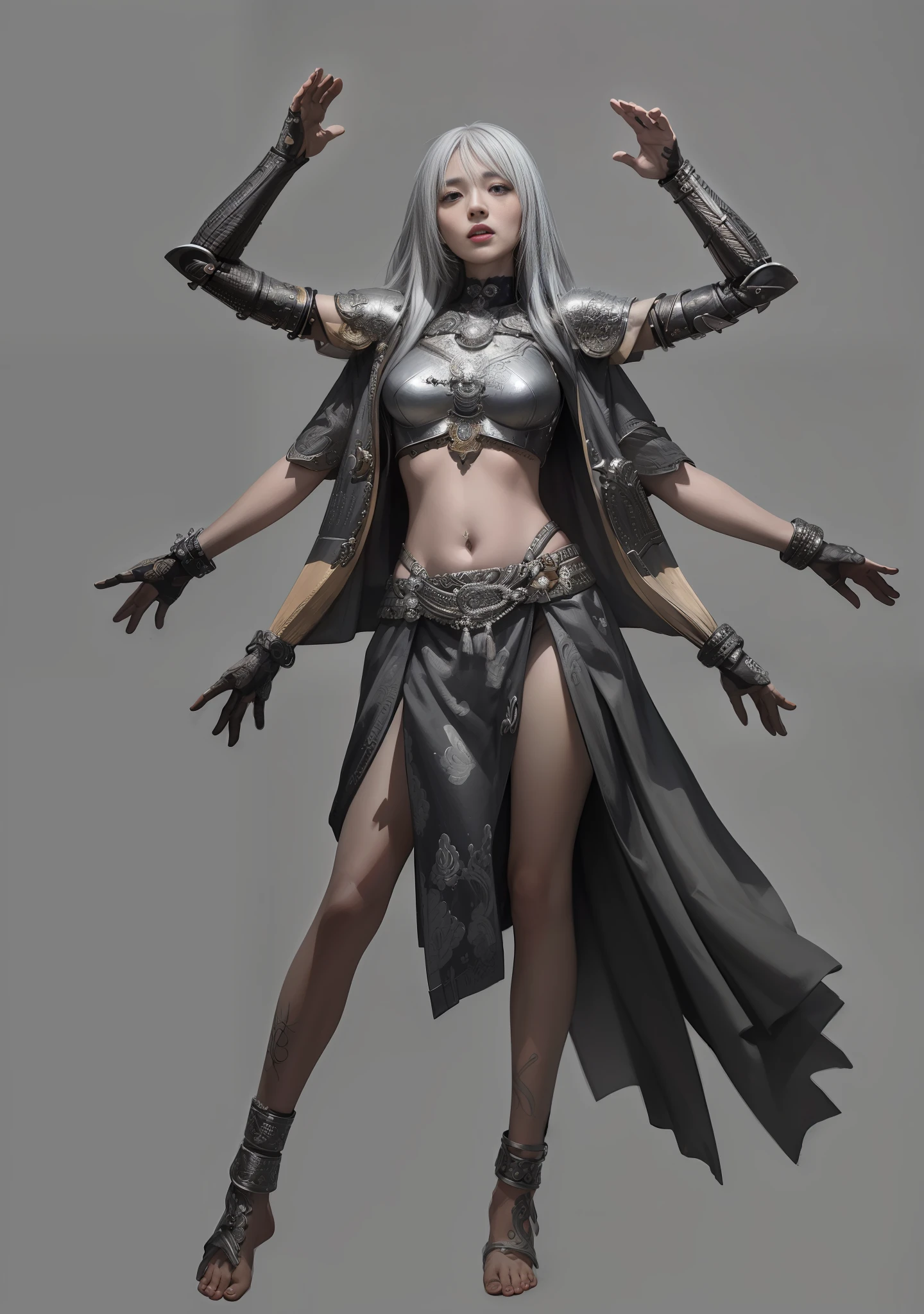 Asura Goddess, Buddhist elements, detailed face and eyes, silver long hair, full body, Japanese armor, rich details, gorgeous patterns, shabby fabric, barefoot, realistic, photo, masterpiece, realism, high contrast, realistic digital art trends in Artstation 8k HD HD details realistic, detailed, skin texture, super detailed, realistic skin texture, armature, best quality, super high resolution, (realistic:1.4),, high resolution, detailed, original photo, sharp re, Lee Jeffries Nikon D850 Film Stock Photo 4 Kodak Portra 400 Camera F1.6 Lens Rich Colors Ultra-realistic textures Dramatic lighting Unreal Engine Trends on the Art Station Movie Still 800