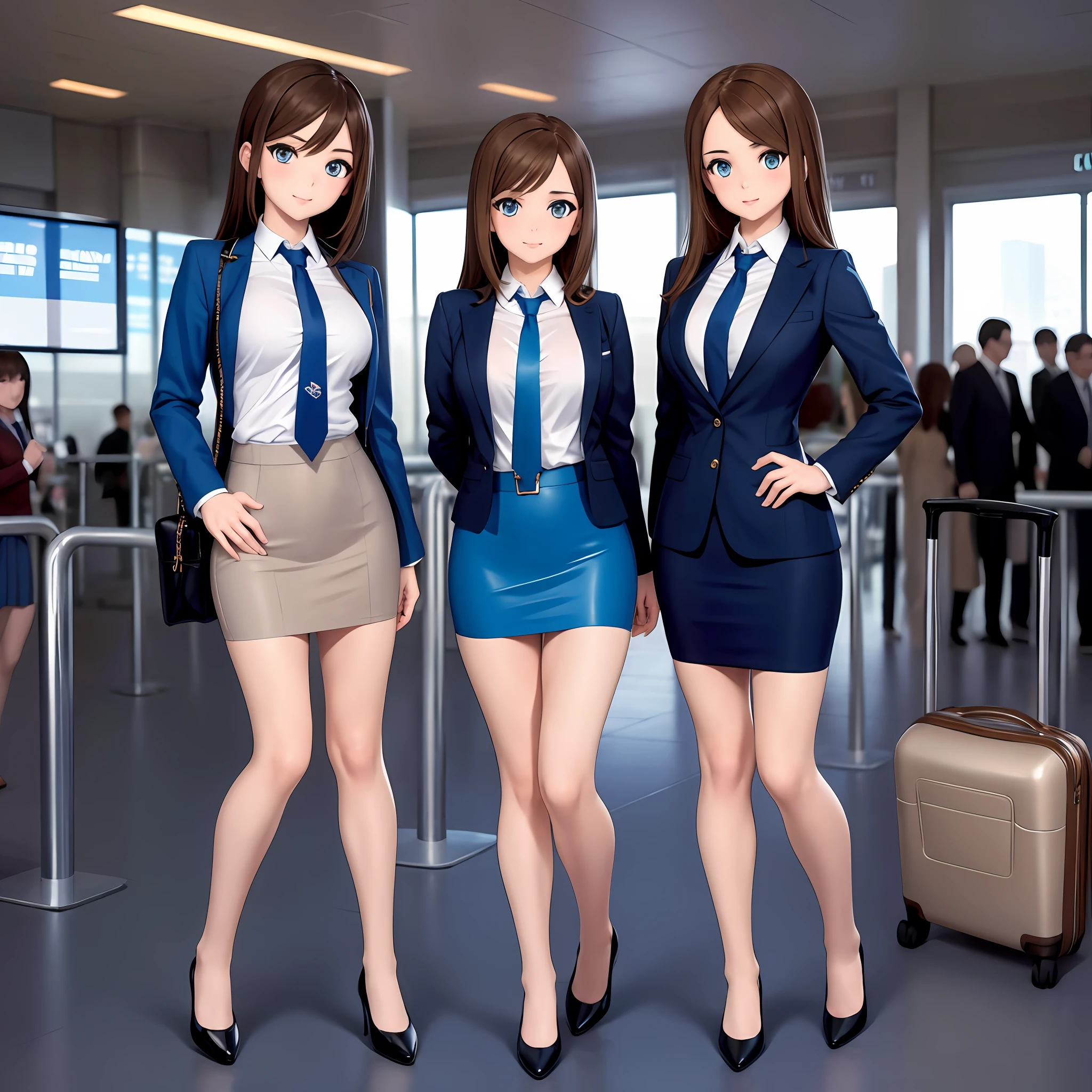 {{Mature female, caucasian}}, looking at viewer, hazel eyes, extremely detailed, medium breasts, brown hair, airport, flight attendant, uniform, blue blazer, blue necktie, blue skirt, medium skirt, pencil skirt, bare legs, blue high heels, happy, best quality, high quality, extremely detailed anime screencap, {{{{crowded, multiple girls, thousands of sisters, millions of sisters,billions of sisters, clone, doppelganger, matching outfit, matching hairstyle}}}}, full body