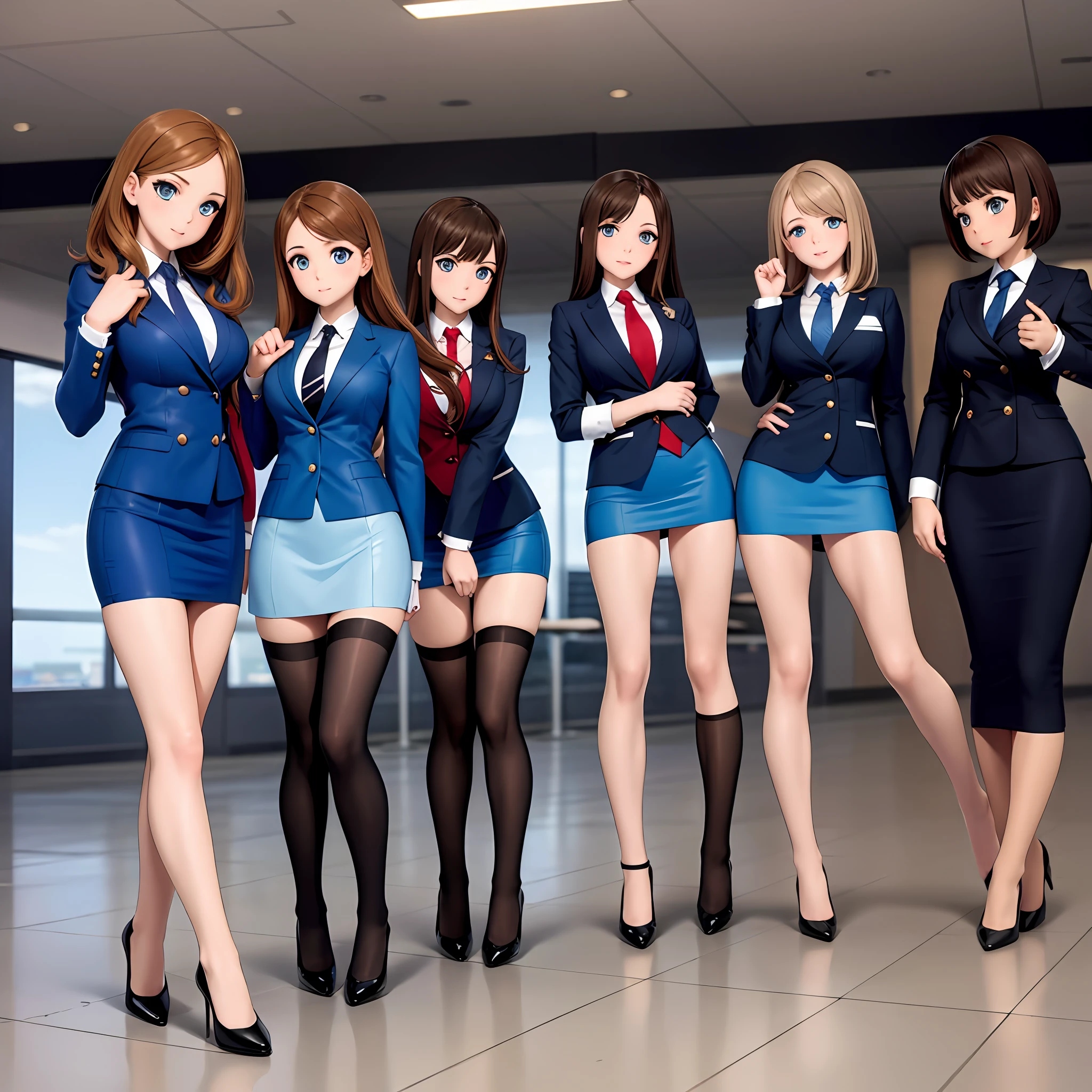 {{Mature female, caucasian}}, looking at viewer, hazel eyes, extremely detailed, medium breasts, brown hair, airport, flight attendant, uniform, blue blazer, blue necktie, blue skirt, medium skirt, pencil skirt, bare legs, blue high heels, happy, best quality, high quality, extremely detailed anime screencap, {{{{crowded, multiple girls, thousands of sisters, millions of sisters,billions of sisters, clone, doppelganger, matching outfit, matching hairstyle}}}}, full body