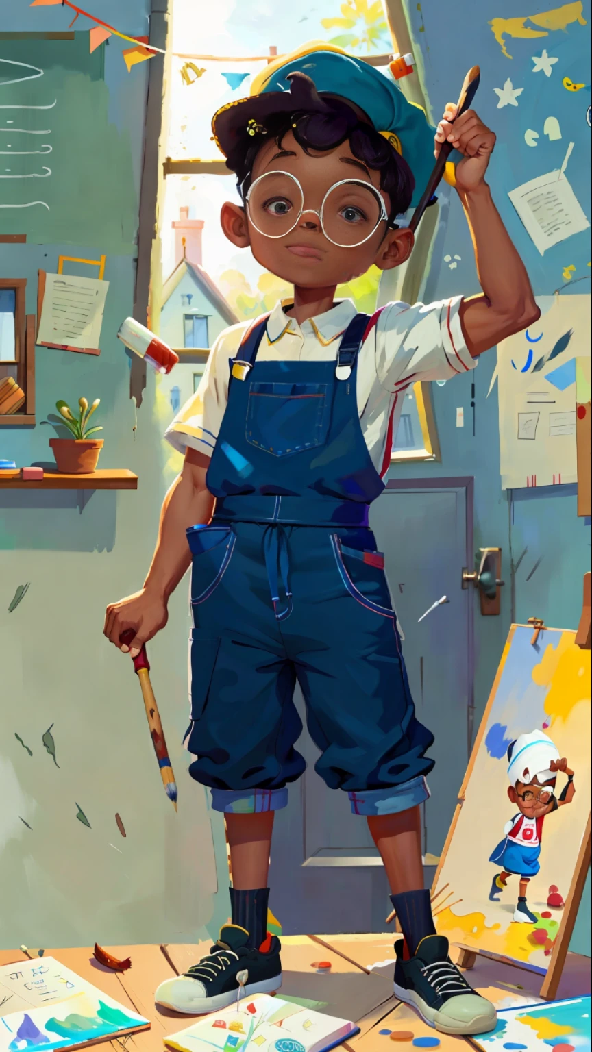A black boy, round glasses, apron, painter, cap, painting, happy, perfect quality, clear focus (clutter - house: 0.8), (masterpiece: 1.2) (realistic: 1.2)(best quality) (detailed skin: 1.3) (intricate details) (8K) (detail eyes) (sharp focus), full body, character concept.