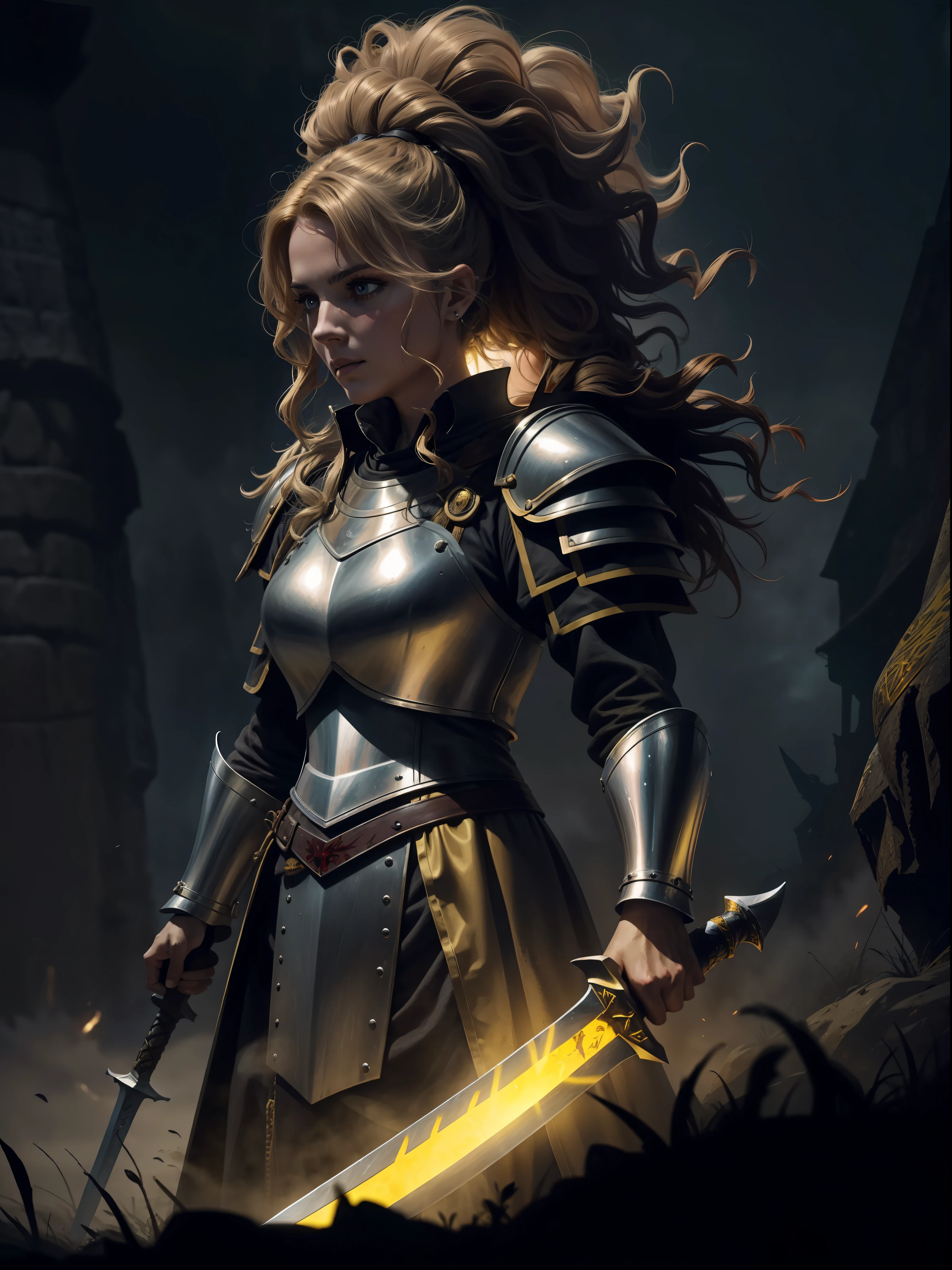a woman with wild hair, knight with medieval armor, yellow armor, long sword, night, dark environment, darkness, fog, blood