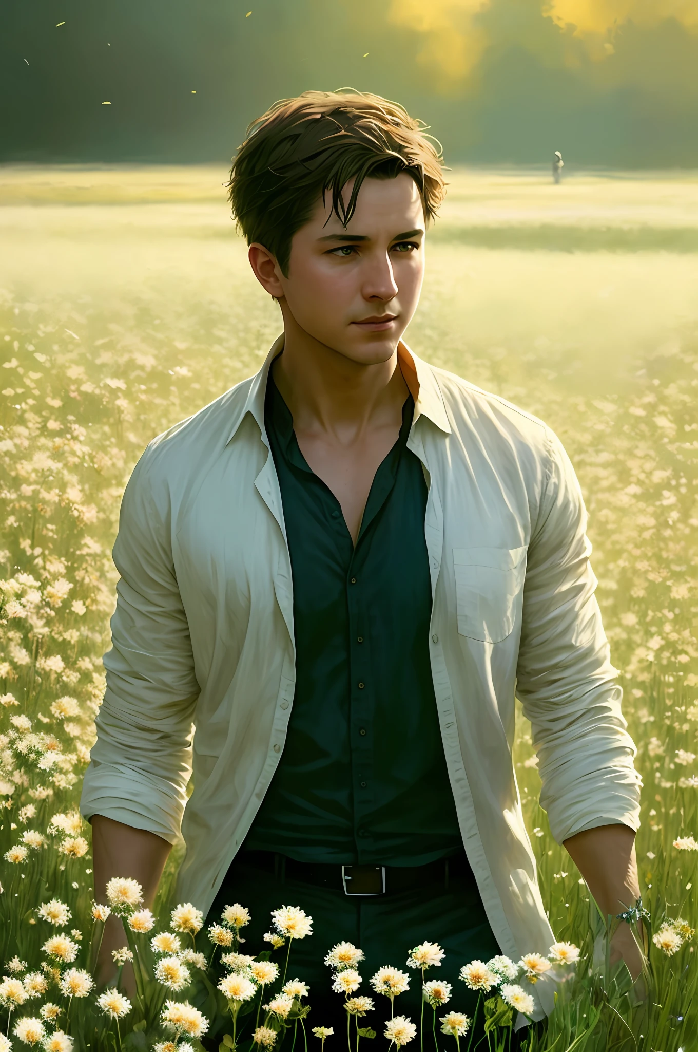 painting of a man standing in a field of flowers in a white shirt, craig mullins dappled lighting, wadim kashin. ultra realistic, brad kunkle elson peter, brad kunkle detailed, by Aleksander Gine, casey baugh and james jean, sergey kolesov, slender boy with a pale skin