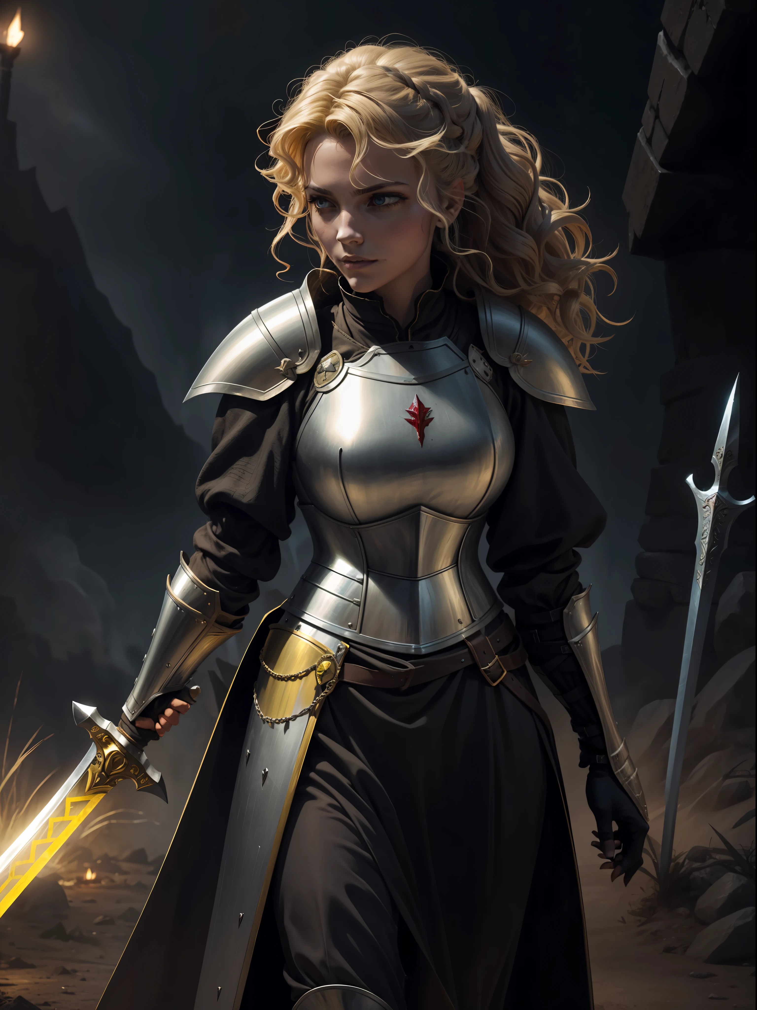 a woman with wild hair, knight with medieval armor, yellow armor, long sword, night, dark environment, darkness, fog, blood