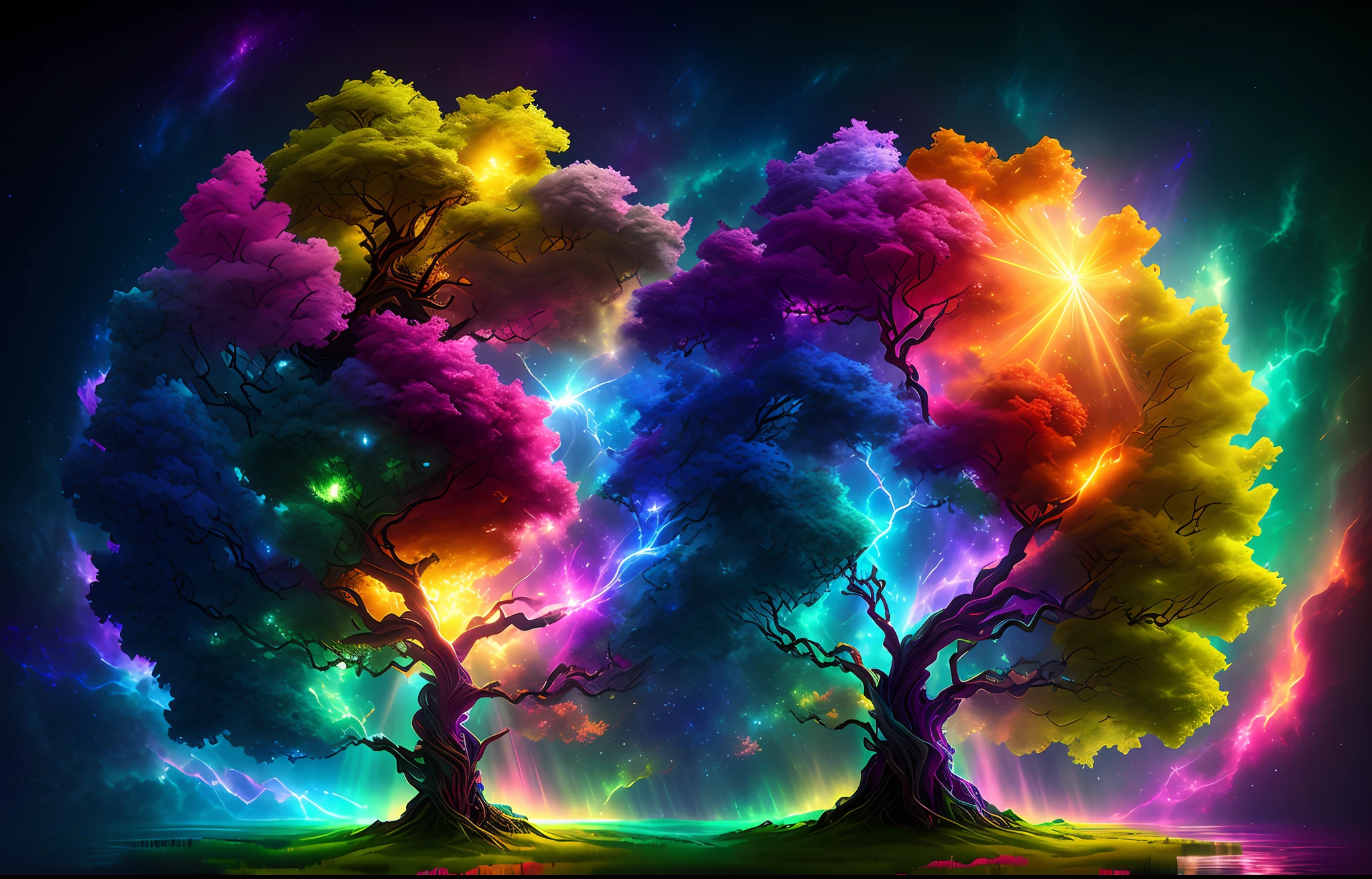 Masterpiece, 
The birth of Creation, a leafy Tree with energetic and colorful streams of light in an epic galactic sky, with professional color grading, soft shadows, no contrast, clean sharp focus, cinema film photography, hyper realistic :: nebula::1 wide angle lens::1 defocus::
UHD, HDR, 16K