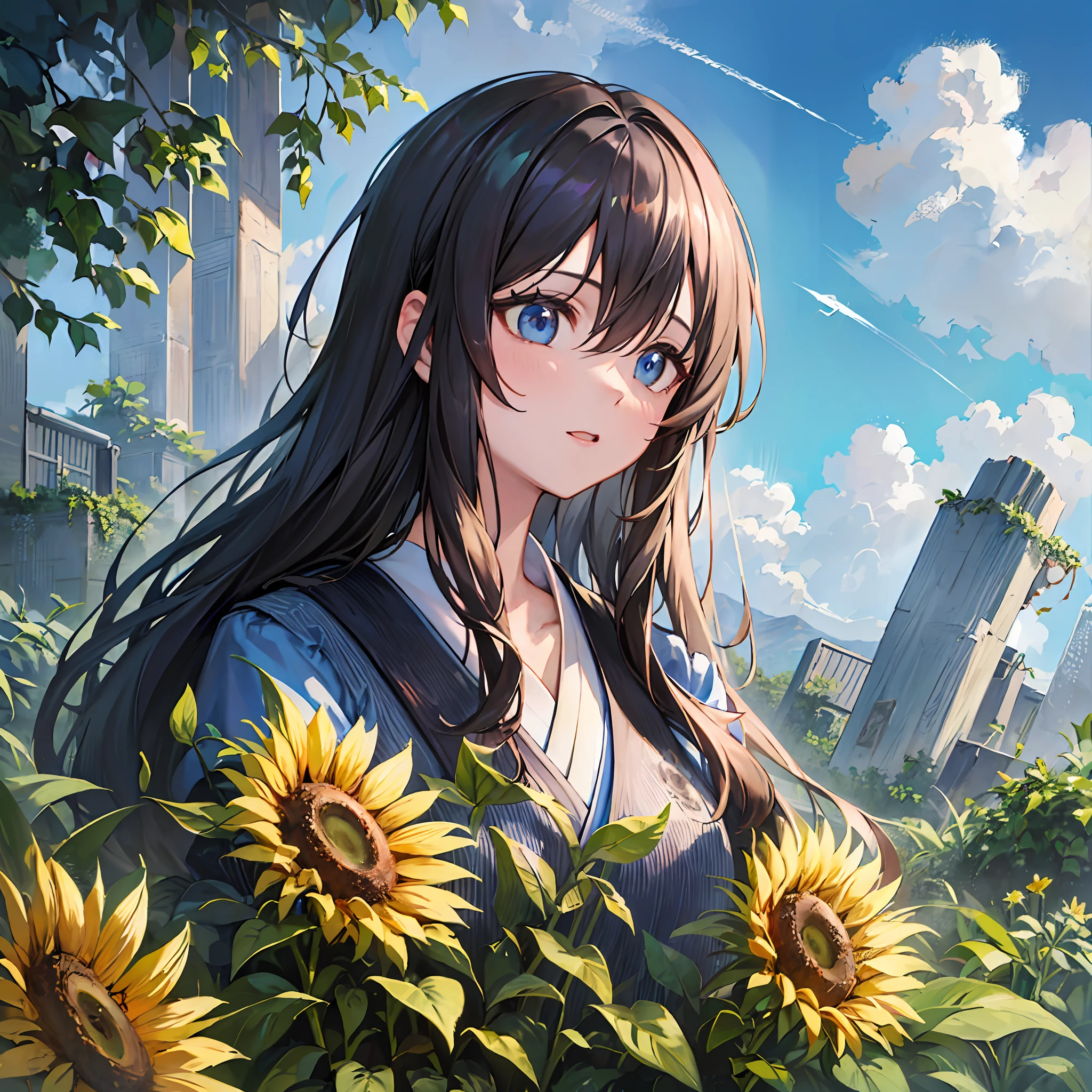 The composition of fictional characters
Dressed in young blue flowers, surrounded by sunflowers
The protagonist, with his eyes open, his hair blown by the wind, and the sun heals
close-up monochrome painting, cute, dreamy, oil painting style, acrylic paint,
Japanese, interesting concept, interesting drawing - ar 3:4 -s 20 -niji 5 --auto --s2