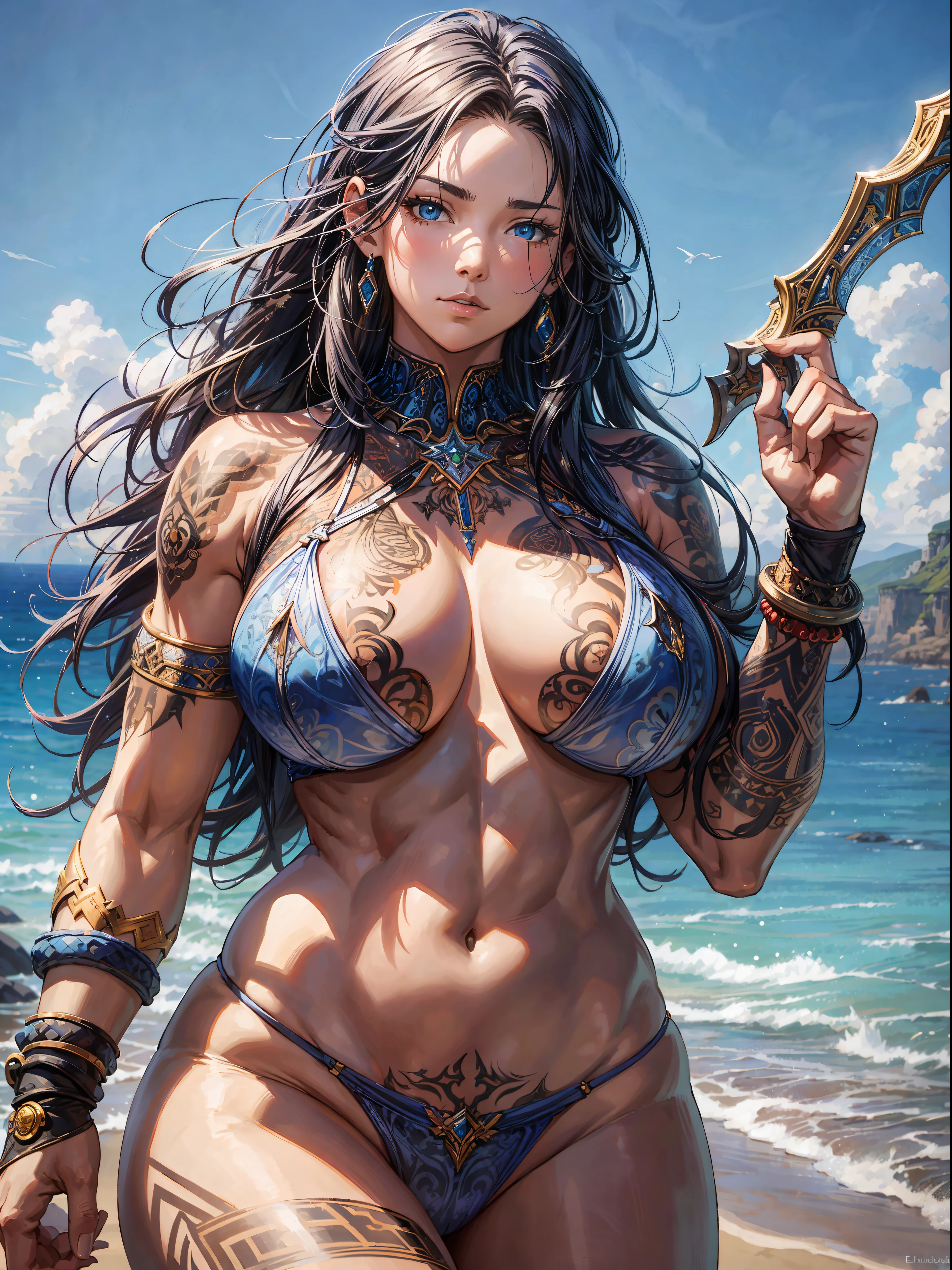 highly detailed, barbarian girl with huge body and intricate tattoes with intricate background, realistic painting, by Charles Gregory and Antonio Jacobsen and Edward Moran, (long shot), clear blue sky, intricated details