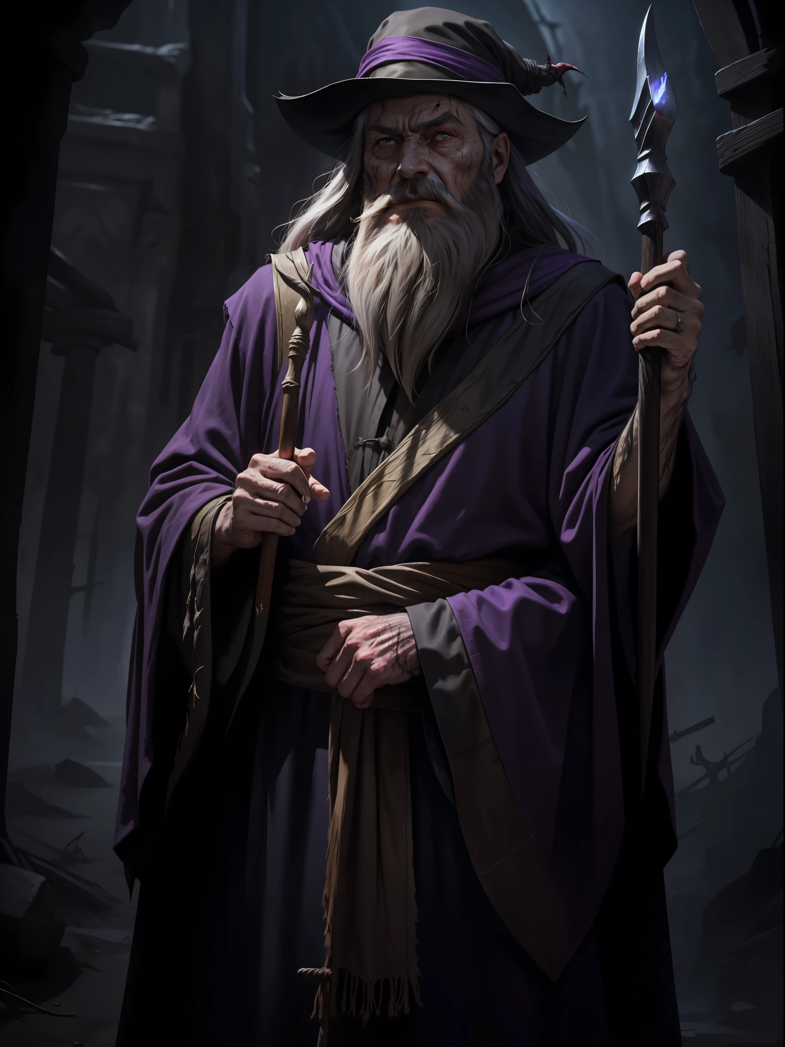 an old man with dark purple robe and long beard, scars on his face, staff, dark sorcerer, night, dark environment, darkness, fog, blood