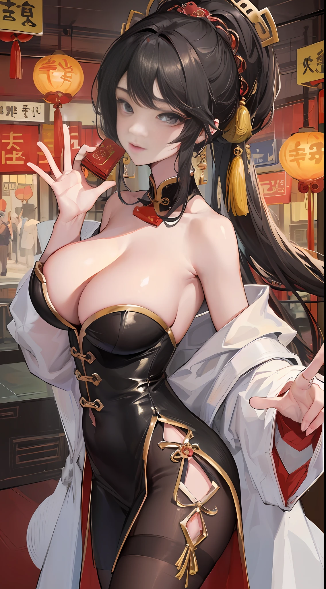 ((Top Quality, 8K, Masterpiece: 1.3)), Sharp Focus: 1.2, Cute Beauty with Perfect Figure: 1.4, Slim Big: 1.2, ((Black Casual Hairstyle, Big: 1.2, Big: 1.2)), (China Clothes with Deep Slit), (Semi-nude, Ecstatic, Standing: 1.2, Sexy Pose), (Exposed Cleavage), ((Chinatown: 1.3 created mainly in women)), very detailed face and skin texture, fine eyes, double eyelids,