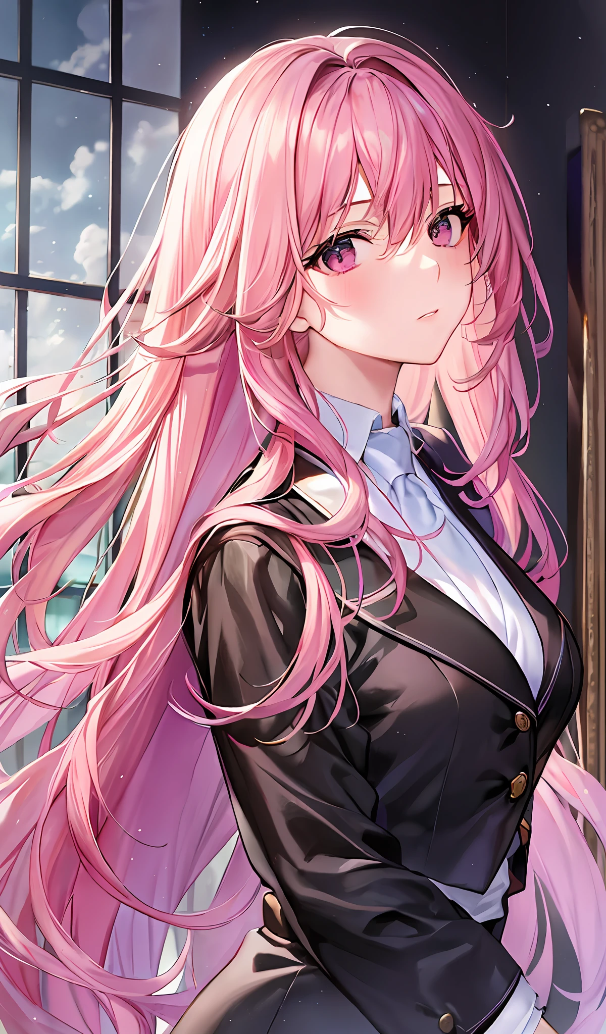 {{realistic}},{{sketch}}, {{oil painting}},long hair,gradient hair,{{best quality}, {{masterpiece}}, {highres}, original, extremely detailed wallpaper, {an extremely delicate and beautiful},1girl,an adult lady,extremely detailed,pink hair,messy hair,handsome,{white business suit},{tie},{white trousers},dramatic angle,{magzine},depth of field,,