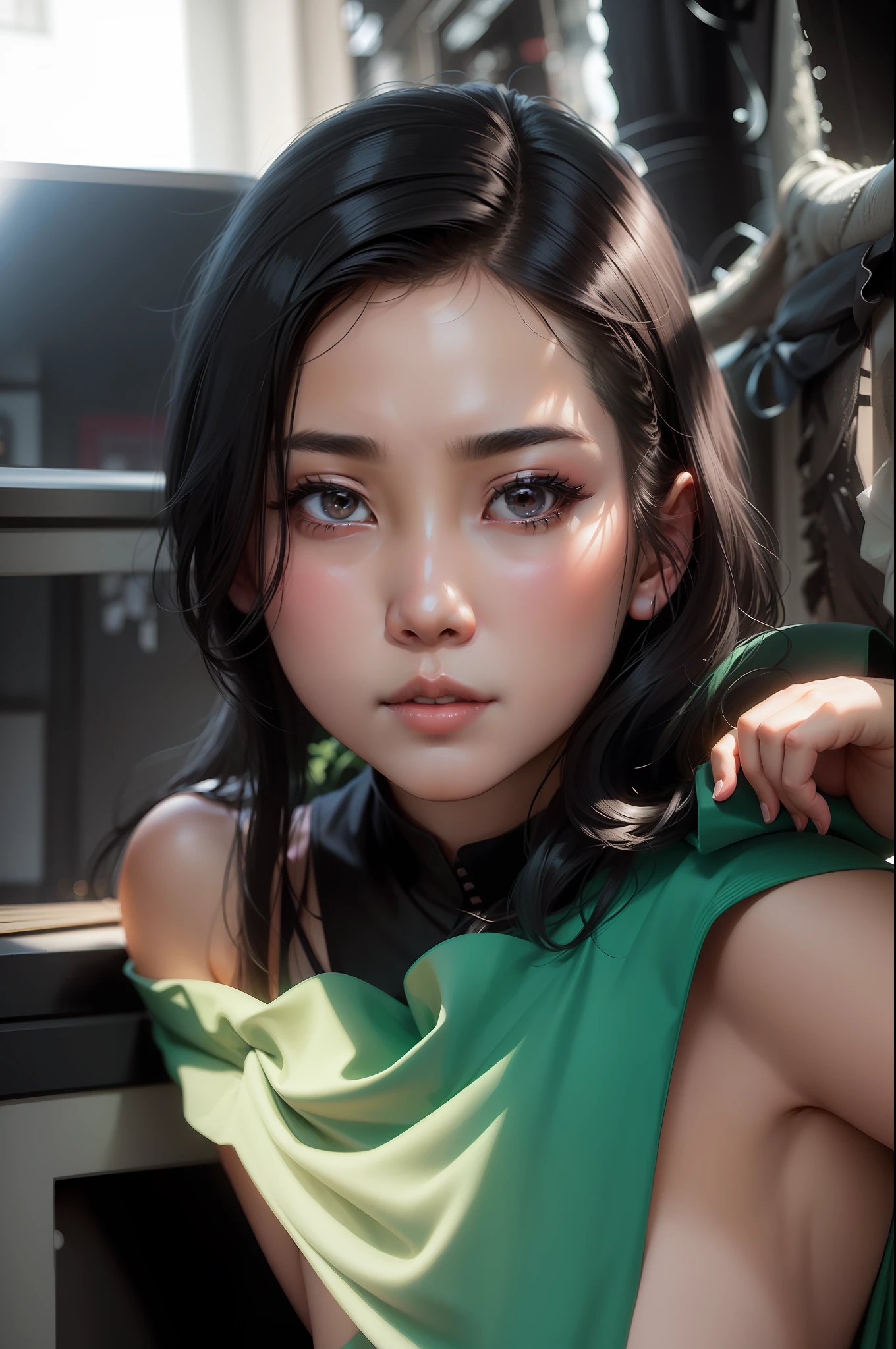 There is a young Asian woman in a black dress, Ayami, --auto --s2