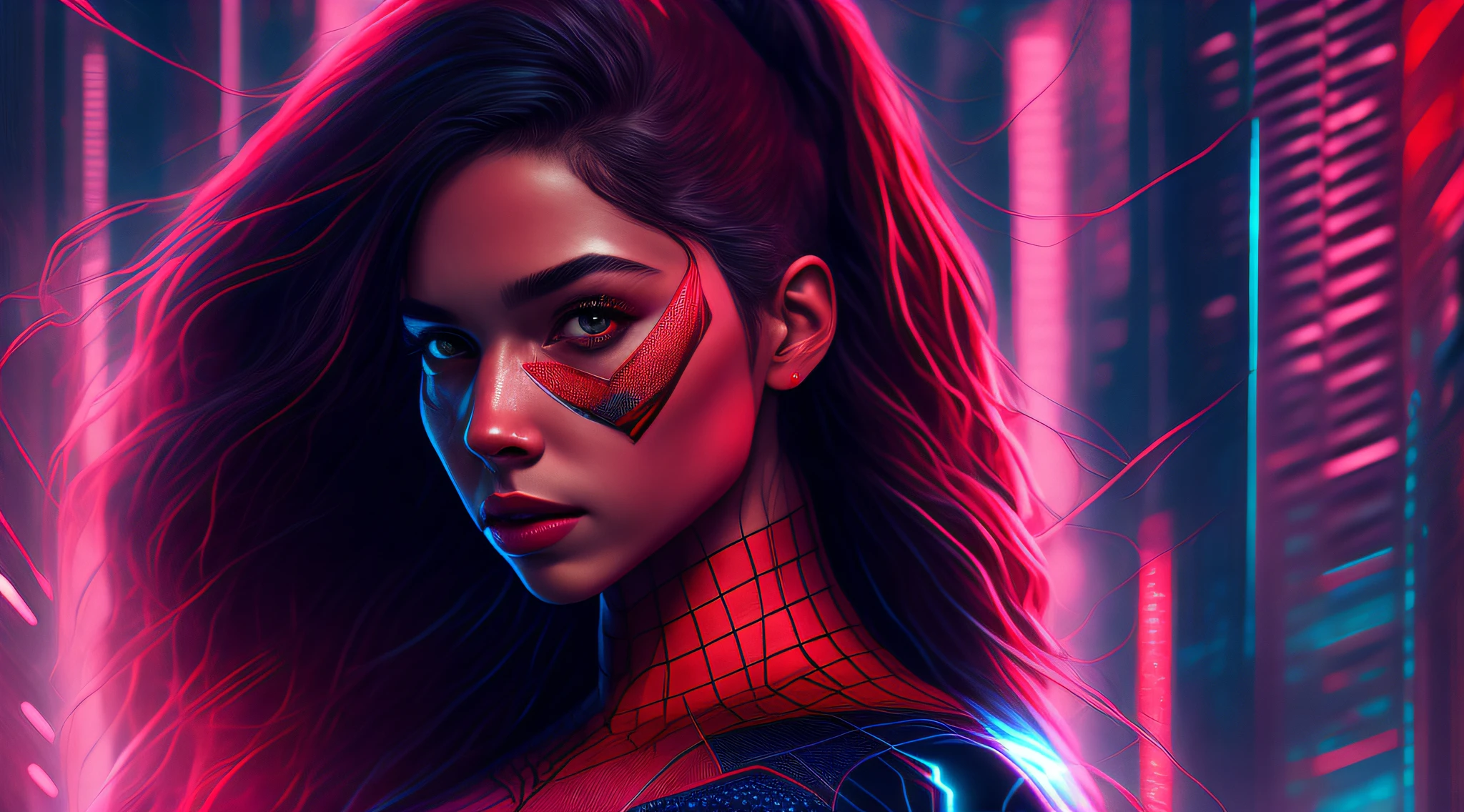Melissa Barrera Spider-Woman, cyberpunk, 8K.