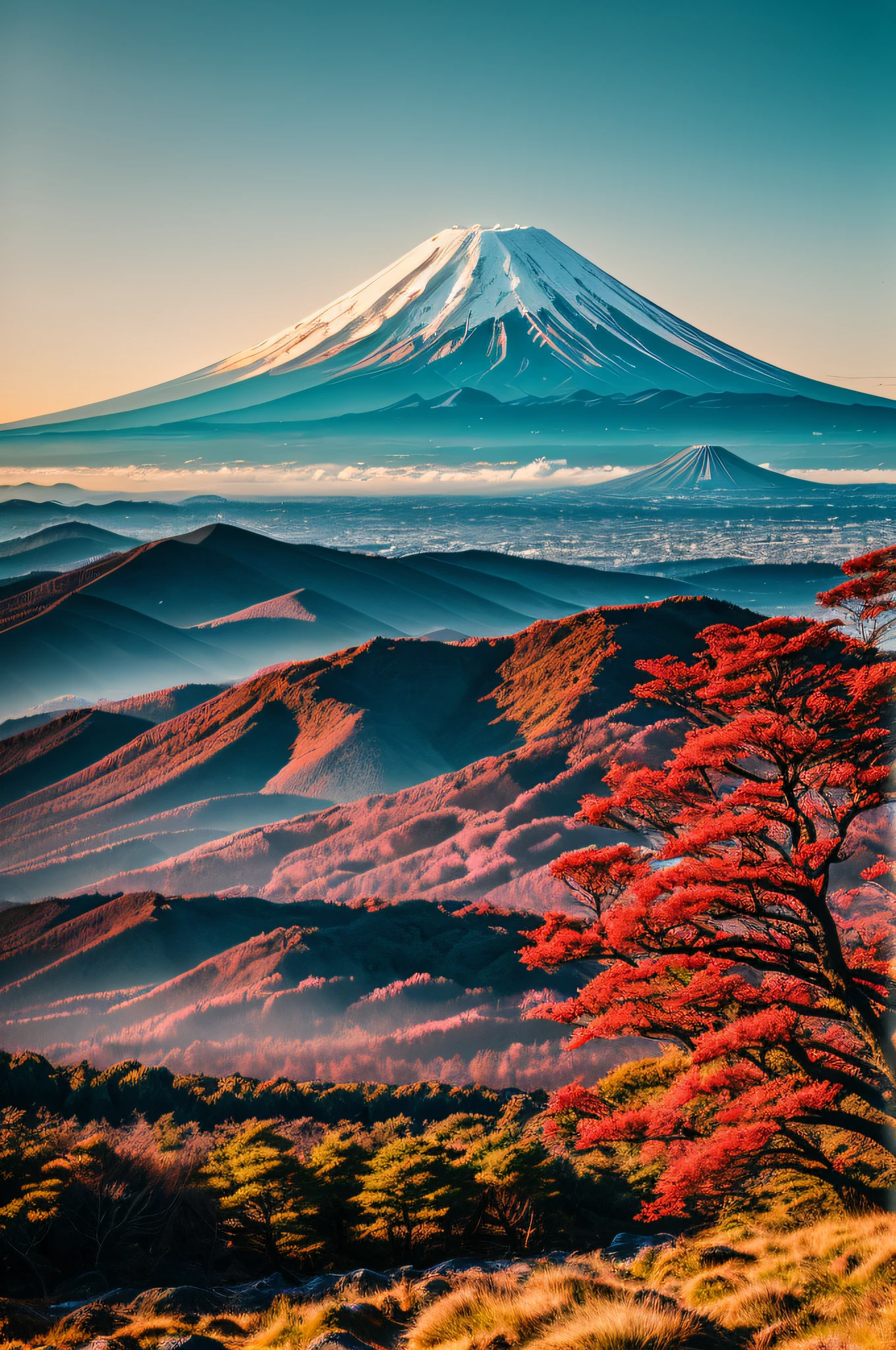 RAW photo of a landscape, small details, photorealistic, ultra-realistic photo, 8k uhd, dslr, soft lighting, high quality, film grain, Fujifilm XT3, (masterpiece), Mt.fuji,