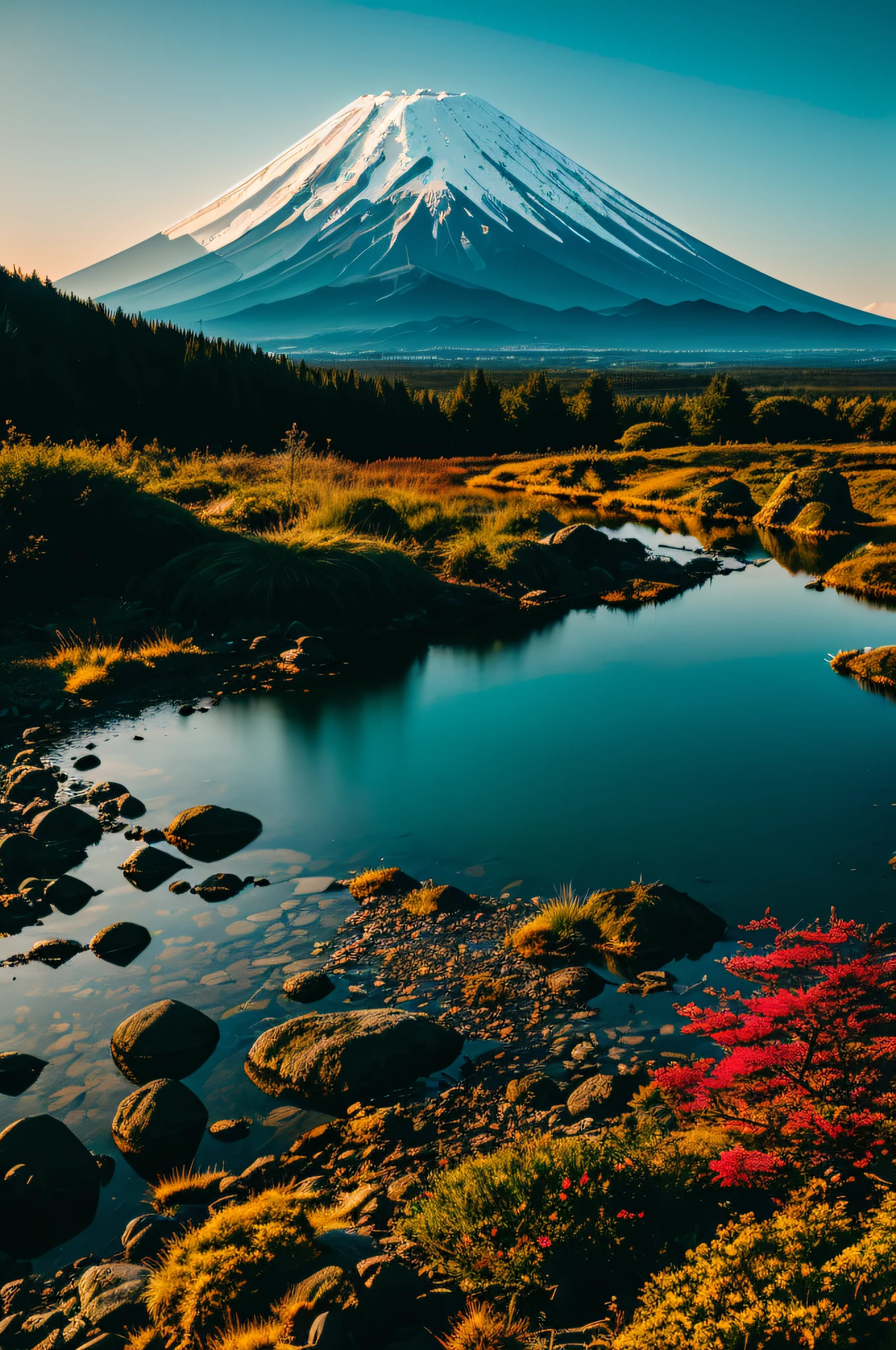 RAW photo of a landscape, small details, photorealistic, ultra-realistic photo, 8k uhd, dslr, soft lighting, high quality, film grain, Fujifilm XT3, (masterpiece), Mt.fuji,