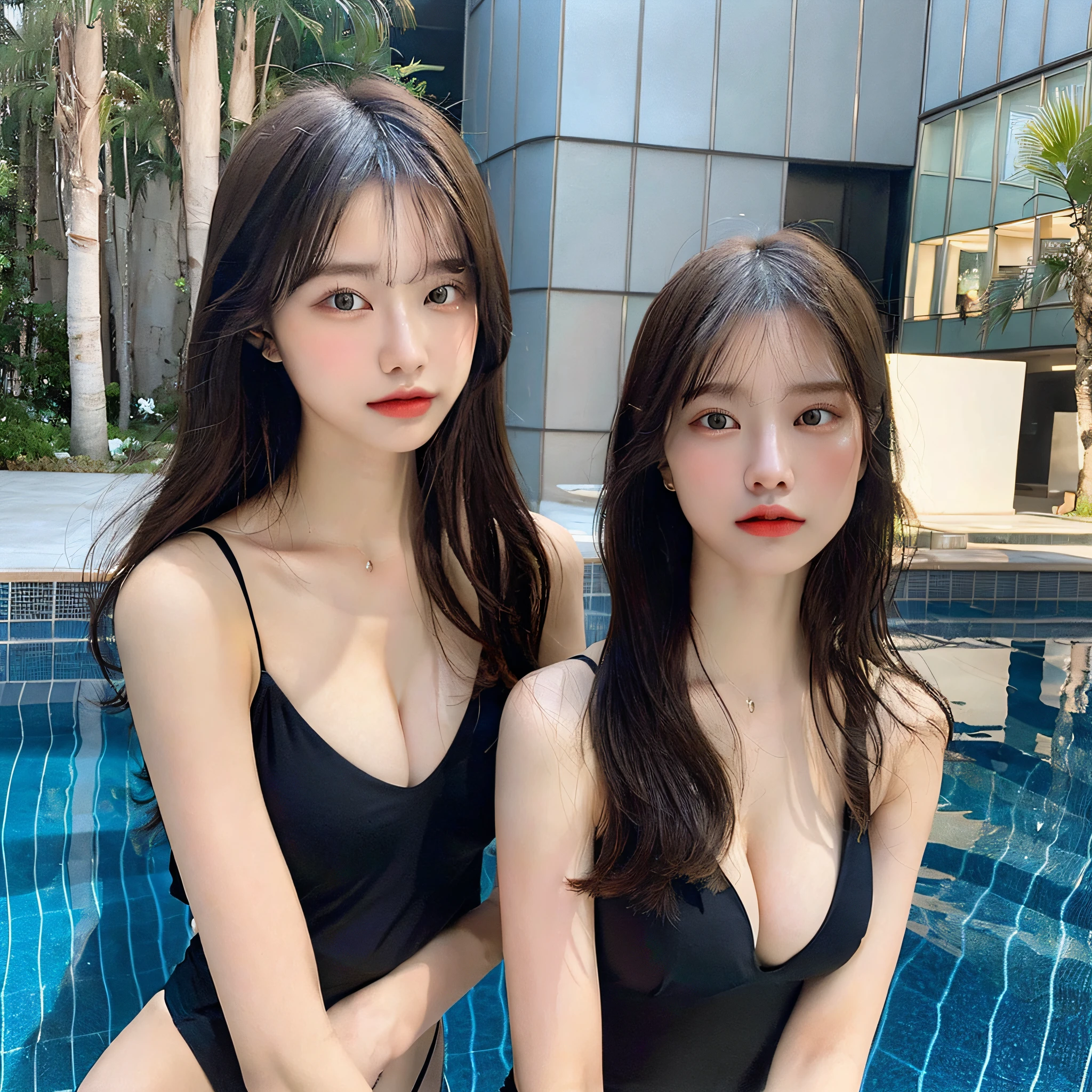 ((Realistic Lighting, Top Quality, 8K, Masterpiece: 1.3)), Clear Focus: 1.2, 1 Girl, Perfect Body Beauty: 1.4, Slim Abs: 1.1, ((Long Hair, Big: 1.3)), Ultra Slender Face, Fine Eyes, Double Eyelids, Exposed Cleavage, Black Swimsuit, Pool
