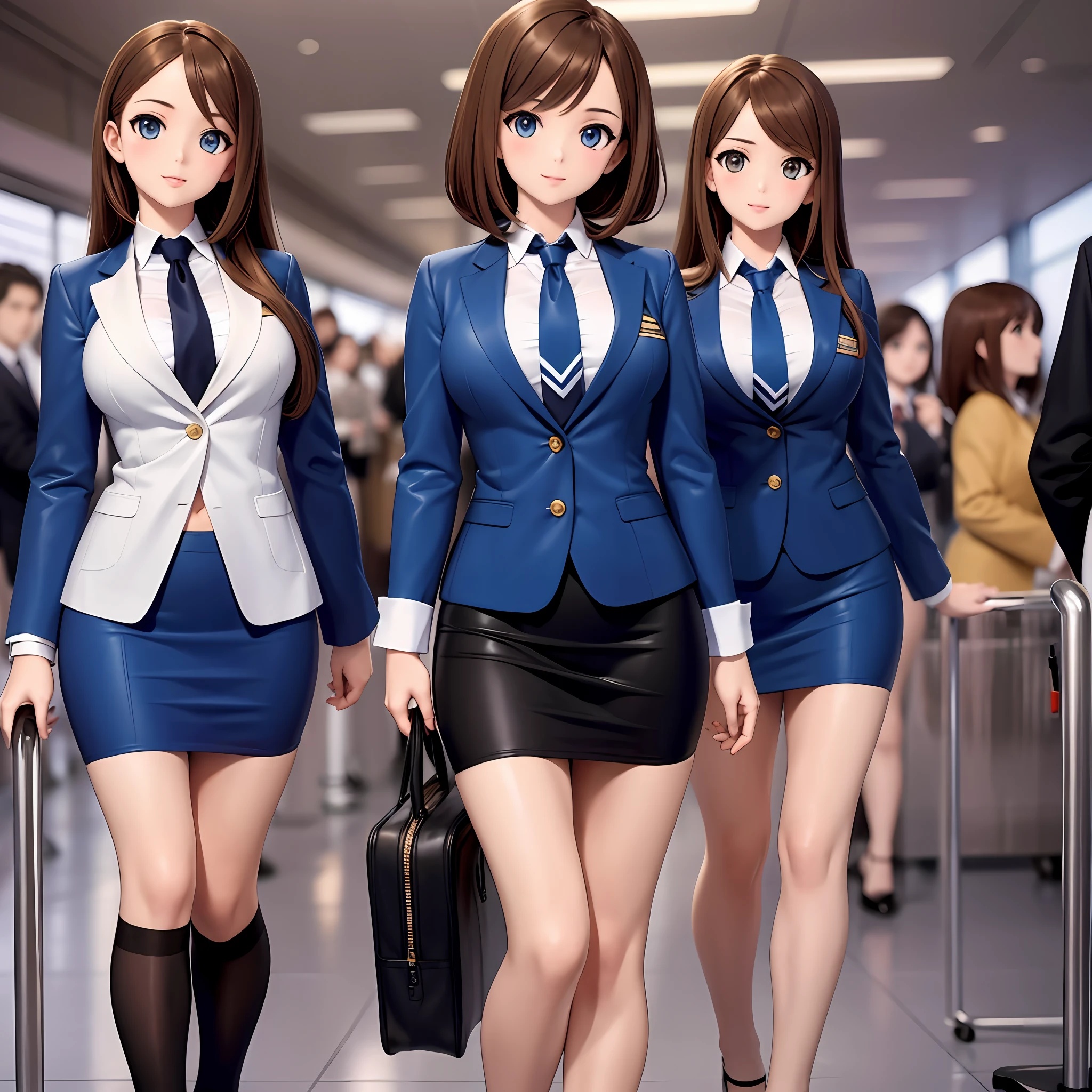 {{Mature female, caucasian}}, looking at viewer, hazel eyes, extremely detailed, medium breasts, brown hair, airport, flight attendant, uniform, blue blazer, blue necktie, blue skirt, medium skirt, pencil skirt, bare legs, blue high heels, happy, best quality, high quality, extremely detailed anime screencap, {{{{crowded, multiple girls, thousands of sisters, millions of sisters,billions of sisters, clone, doppelganger, matching outfit, matching hairstyle}}}}, full body