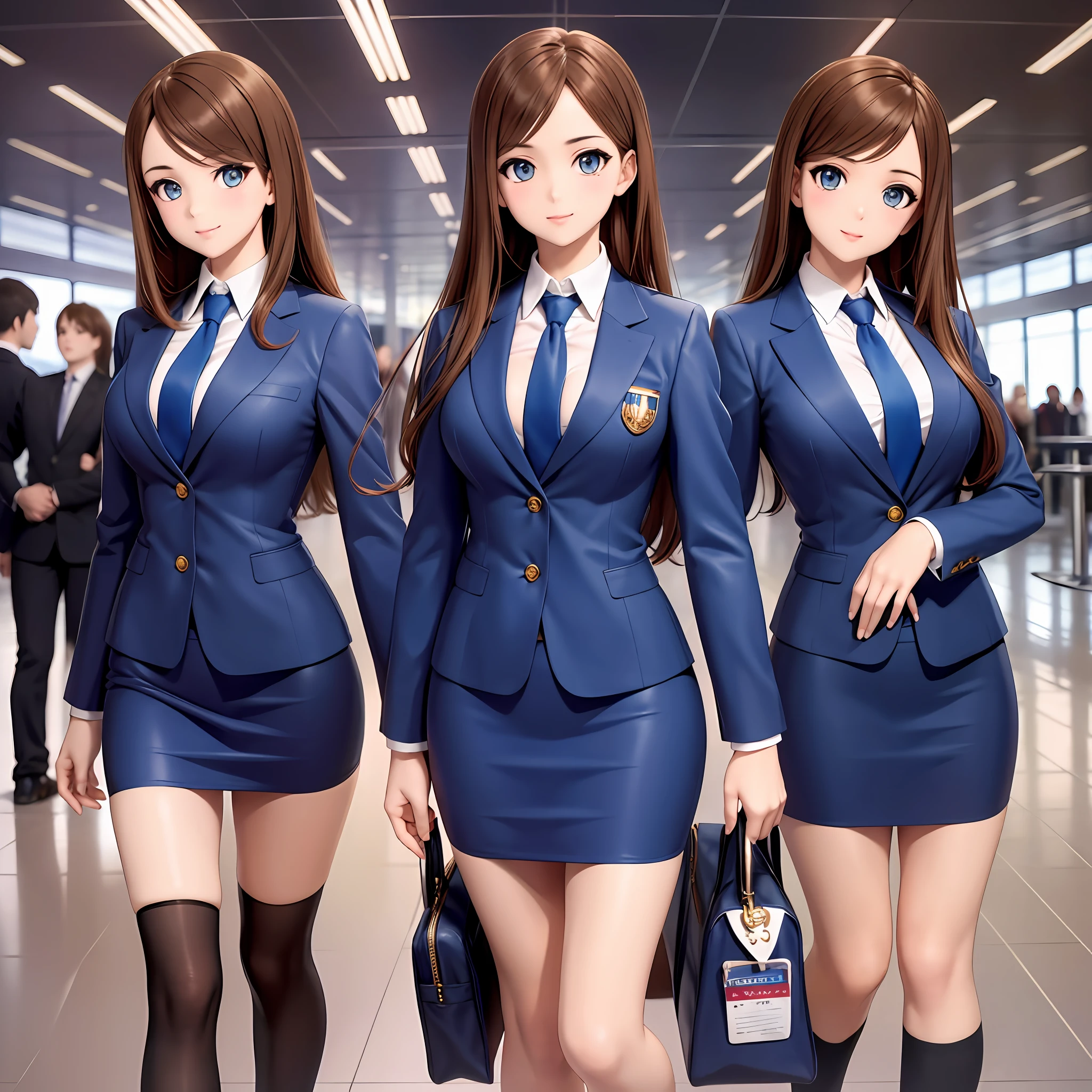 {{Mature female, caucasian}}, looking at viewer, hazel eyes, extremely detailed, medium breasts, brown hair, airport, flight attendant, uniform, blue blazer, blue necktie, blue skirt, medium skirt, pencil skirt, bare legs, blue high heels, happy, best quality, high quality, extremely detailed anime screencap, {{{{crowded, multiple girls, thousands of sisters, millions of sisters,billions of sisters, clone, doppelganger, matching outfit, matching hairstyle}}}}, full body