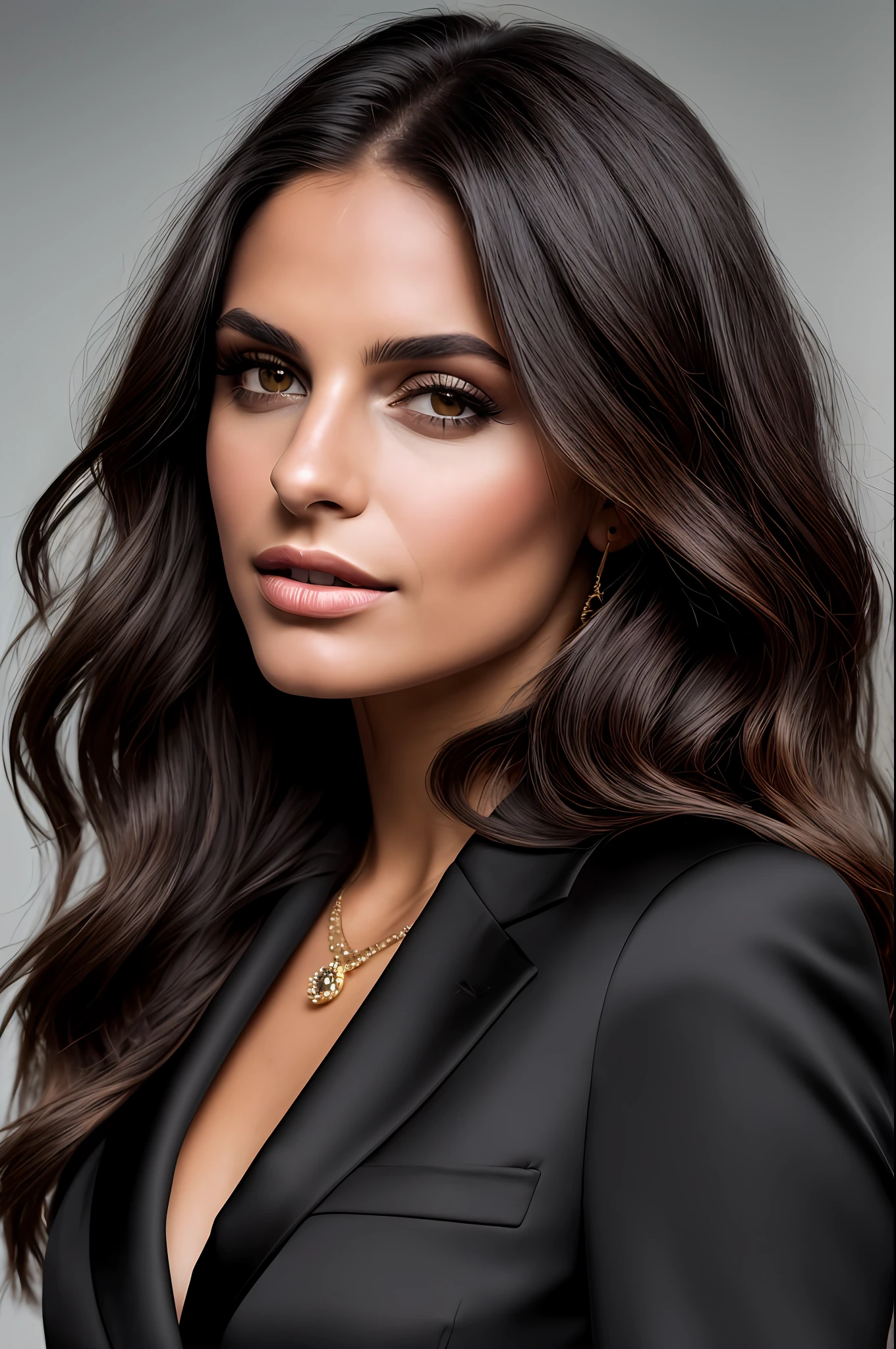 dark and gloomy, 8k, closeup photo of a 30-year-old brunette Brazilian businesswoman dark background at night, (realistic dark brown hair straight and with light waves) , makeup, nude lips, brown eyes, (wearing black chanel tailoring blazer, black silk blouse and black straight tailoring pants, closed clothes), frontal vision, looking very serious to the viewer, hyper realistic,{a girl with extremely beautiful olive skin}, (highly detailed skin: 1.2) {{{masterpiece}}}, realistic texture, dynamic composition, Fujifilm XT2, 85mm F1.2, shutter speed 1/80, (bokeh), high contrast complete this image