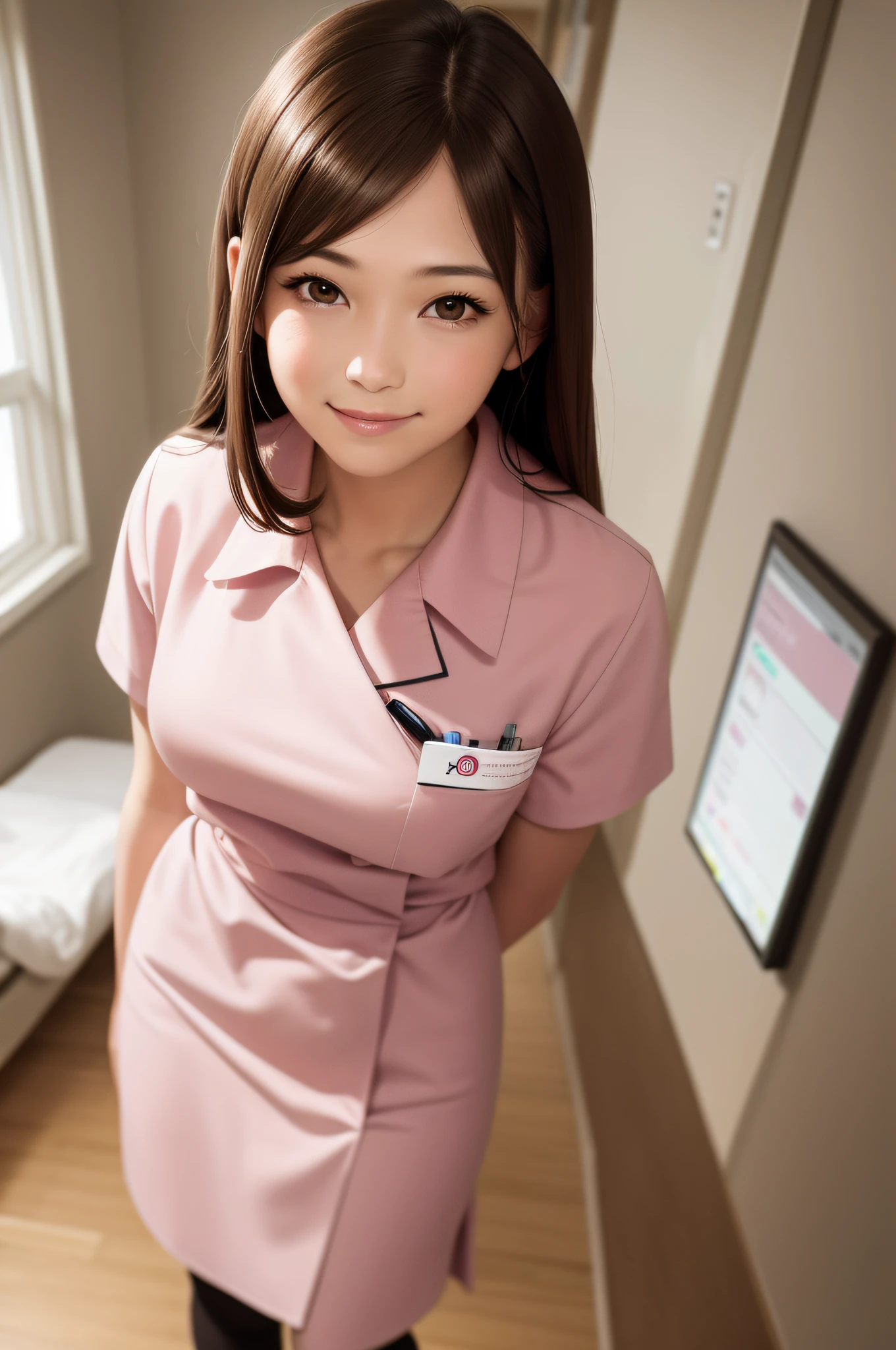 high quality, realistic, photo, human, masterpiece, brown hair, brown eyes, talking, smiling face, lone nurse, light pink uniform, full body, hospital room