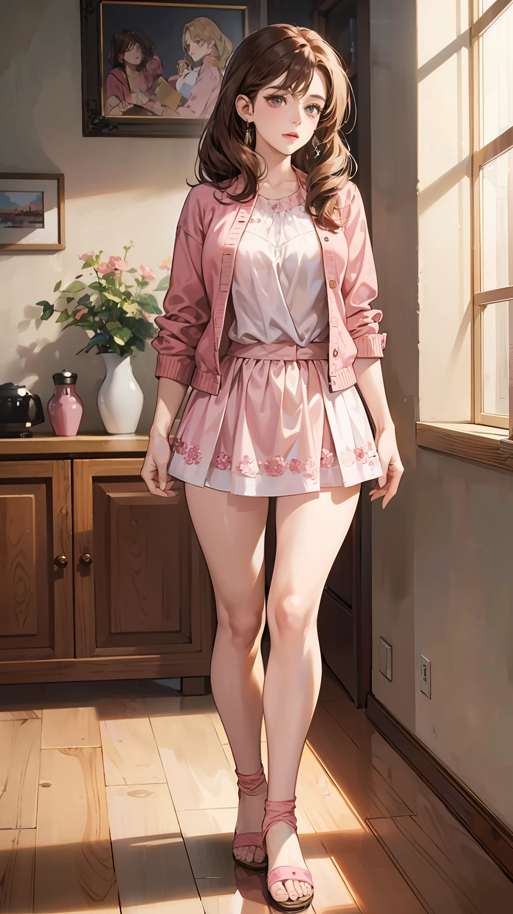 {{Mature female, caucasian}}, looking at viewer, hazel eyes, extremely detailed, medium breasts, brown hair, pink clothes, bully, happy, best quality, high quality, extremely detailed anime screencap, full body --auto --s2