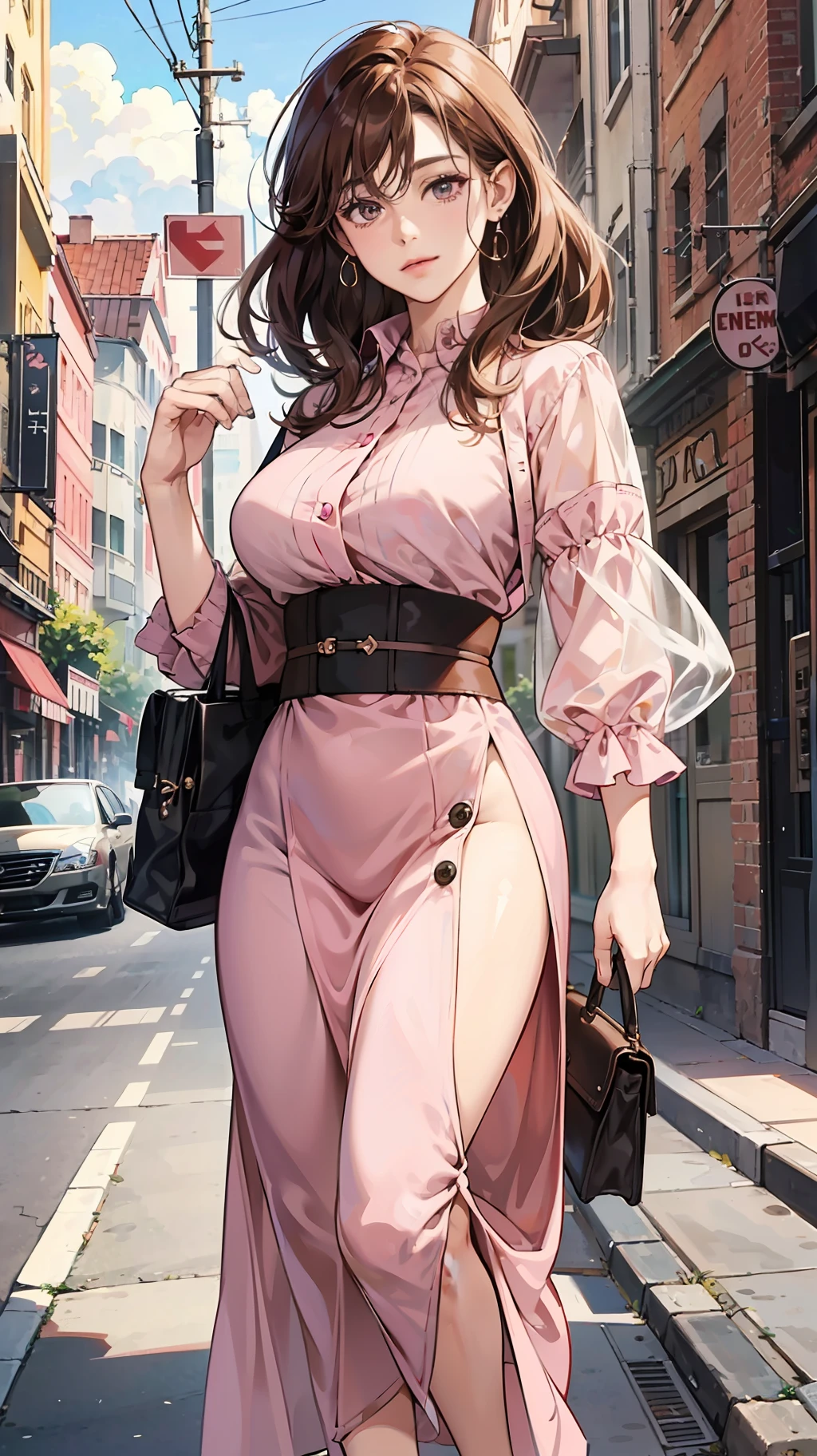 {{Mature female, caucasian}}, looking at viewer, hazel eyes, extremely detailed, medium breasts, brown hair, pink clothes, bully, happy, best quality, high quality, extremely detailed anime screencap, full body --auto --s2