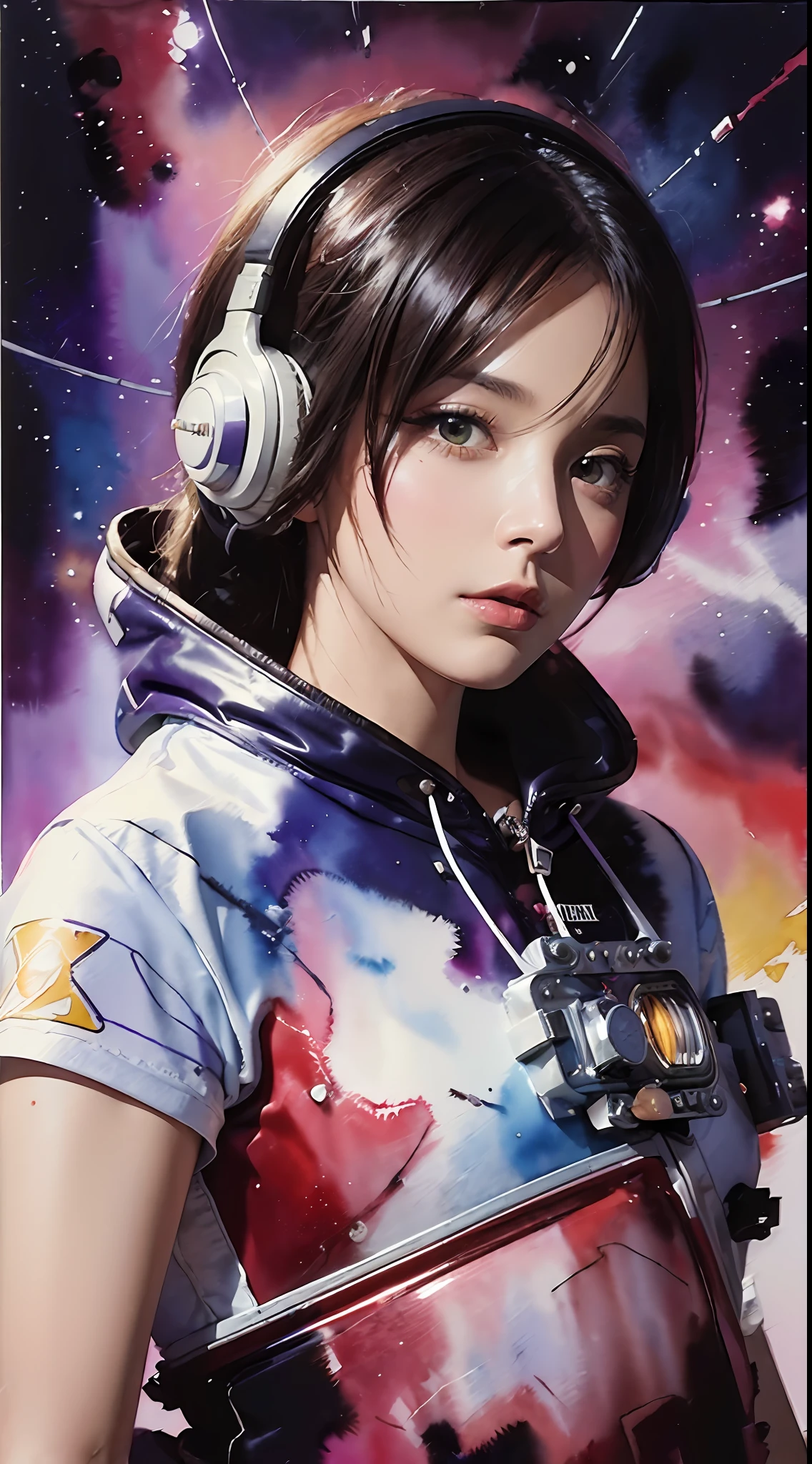 (masterpiece, top quality, best quality, extreme detailed, highest detailed, official art, beautiful and aesthetic:1.2), colorful, cowboy shot, beautiful face, solo, perfect body, 1girl, in space, spacecraft, spacesuit, sun rays, indoors, (wires and cables:1.1), (science fiction:1.2), porthole, illuminator, stars,fantasy, high contrast, ink strokes, explosions, over exposure, purple and red tone impression , abstract, ((watercolor painting by John Berkey and Jeremy Mann )) brush strokes, negative space,