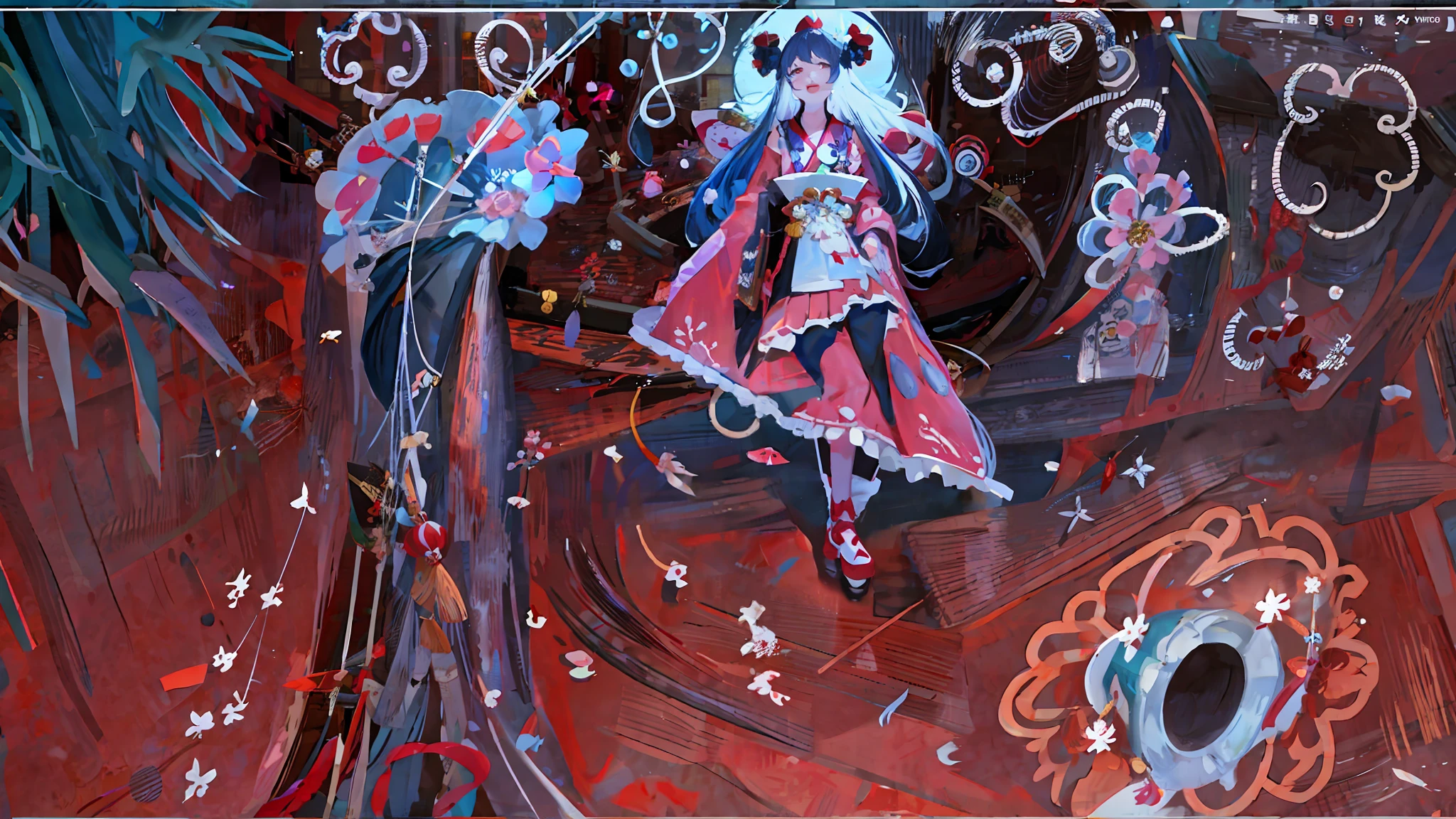 there is a cartoon picture of a woman and a man in a boat, onmyoji detailed art, artistic render of reimu hakurei, bloody + concept art, painted as a game concept art, jellyfish shrine maiden 8k, pc screenshot, jellyfish shrine maiden, concept art, concept art, jellyfish priestess, an ominous fantasy illustration, onmyoji