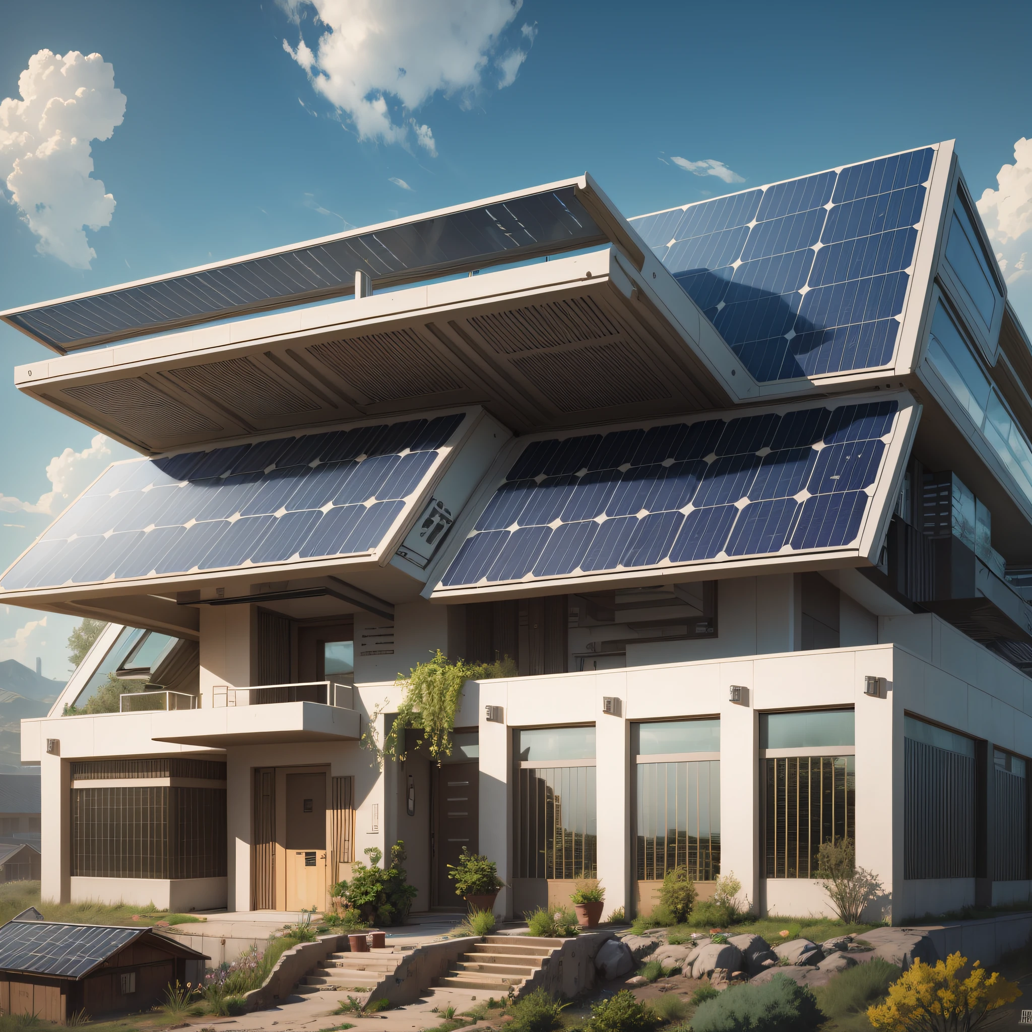 A self-sufficient solarpunk building, highly detailed, with solar panels on roof and walls, sleek modern design, by artist Tomasz Jedruszek --auto --s2