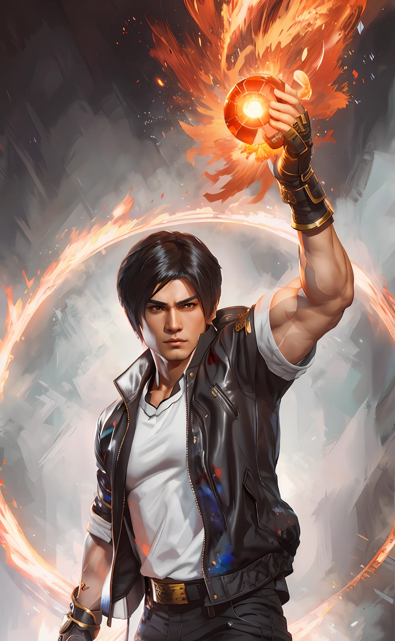 a painting of a man holding a fire ball in his hand, stylized urban fantasy artwork, character from king of fighters, kyo kusanagi fanart, in style of artgerm, fan art, artgerm greg rutkowski _ greg, kaladin stormblessed, litrpg novel cover, young adult fantasy novel cover, artgerm and ilya kushinov,  fighting pose, 3D, UHD, master level 3D oil painting